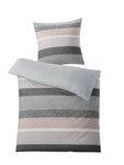 Bettwäsche-Set mit grauen und beigen Streifen, Decke und Kissen oben