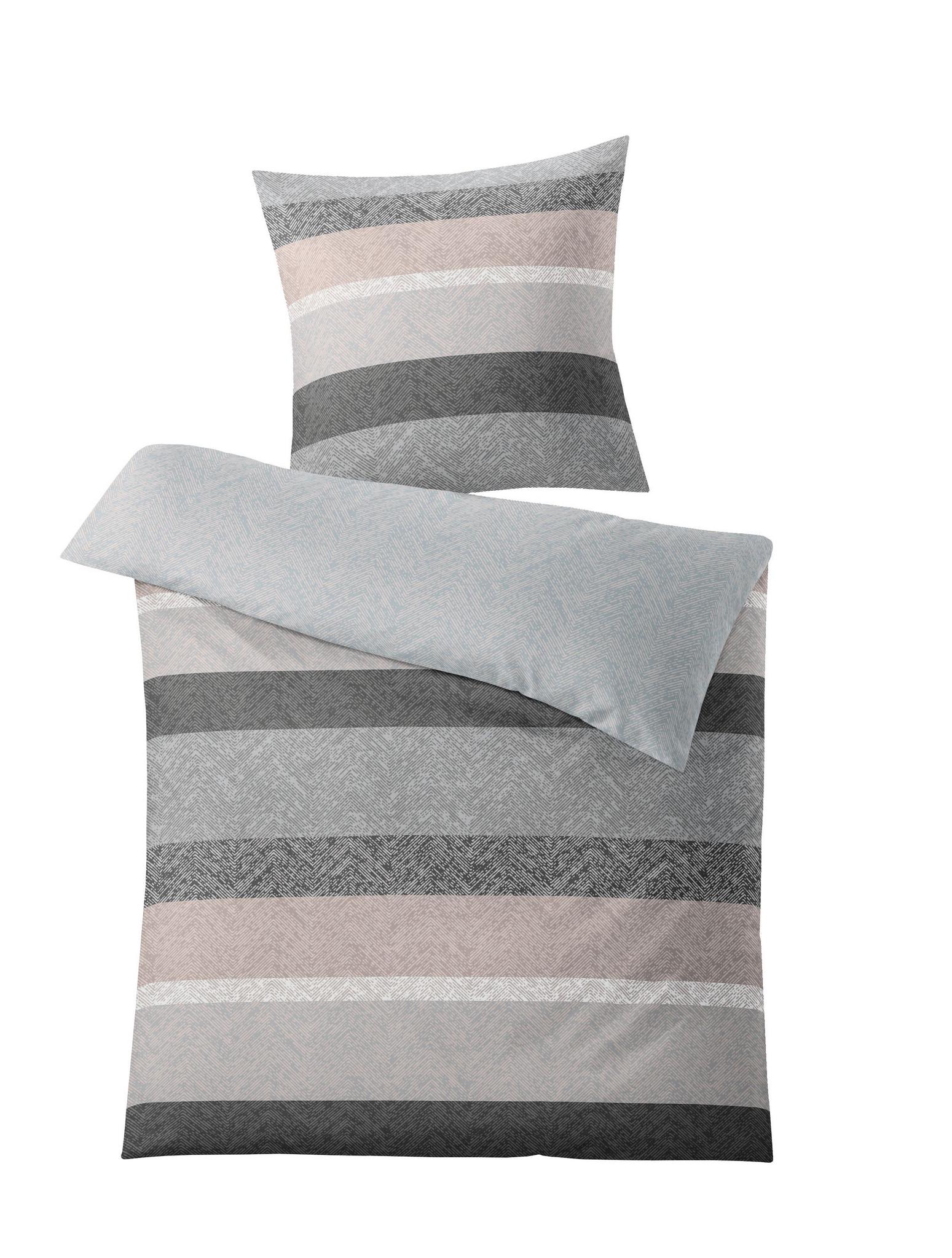 Bettwäsche-Set mit grauen und beigen Streifen, Decke und Kissen oben