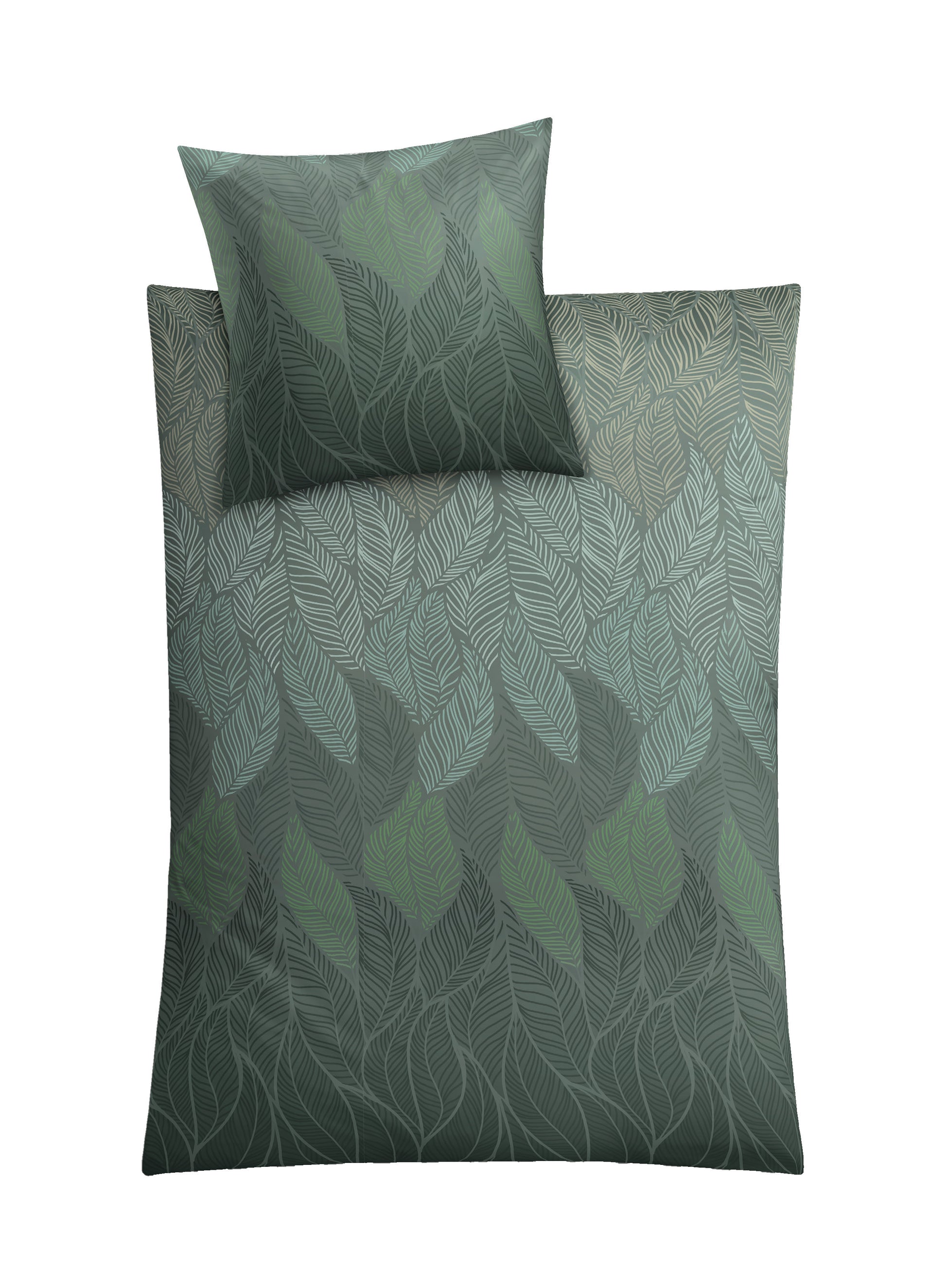Dunkelgrüne Bettwäsche mit feinem Blätterdruck und passendem Kissen
