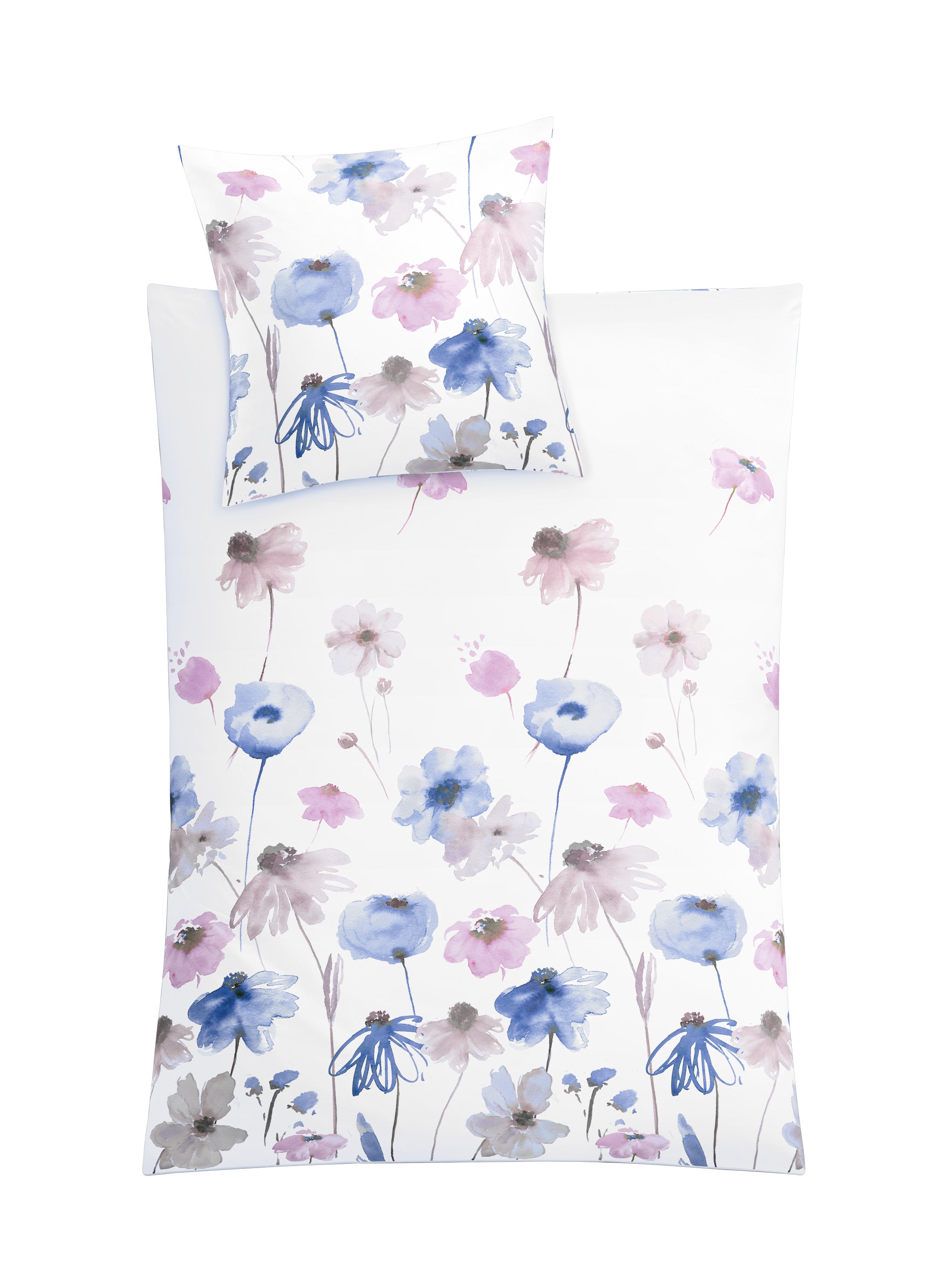 Bettwäsche-Set mit Aquarell-Blumen Blau und Rosa auf weißem Hintergrund