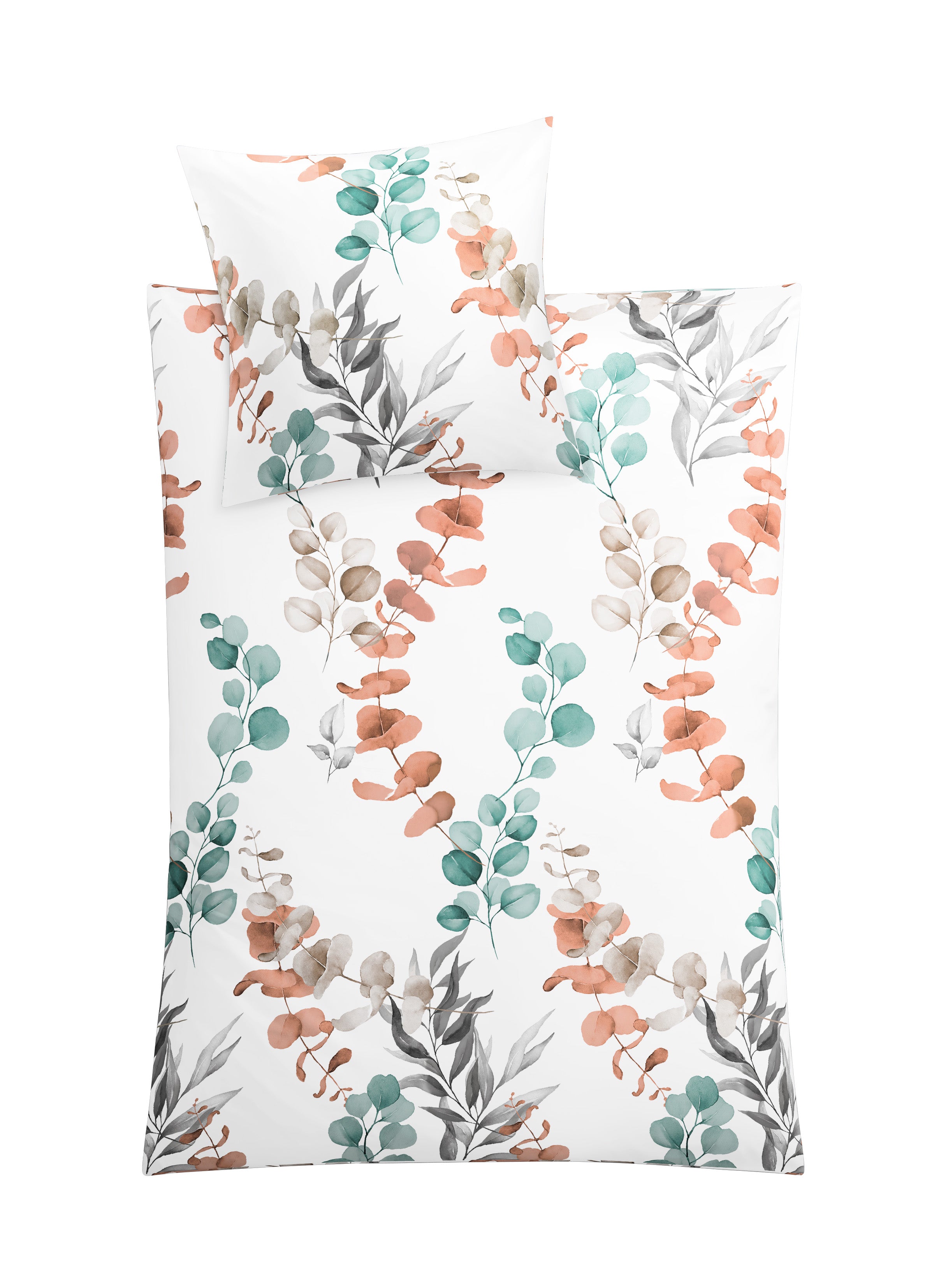 Bettwäsche Satin FABALES Eucalyptus 135x200 und 80x80 mit Eukalyptusblättern auf weißem Hintergrund.