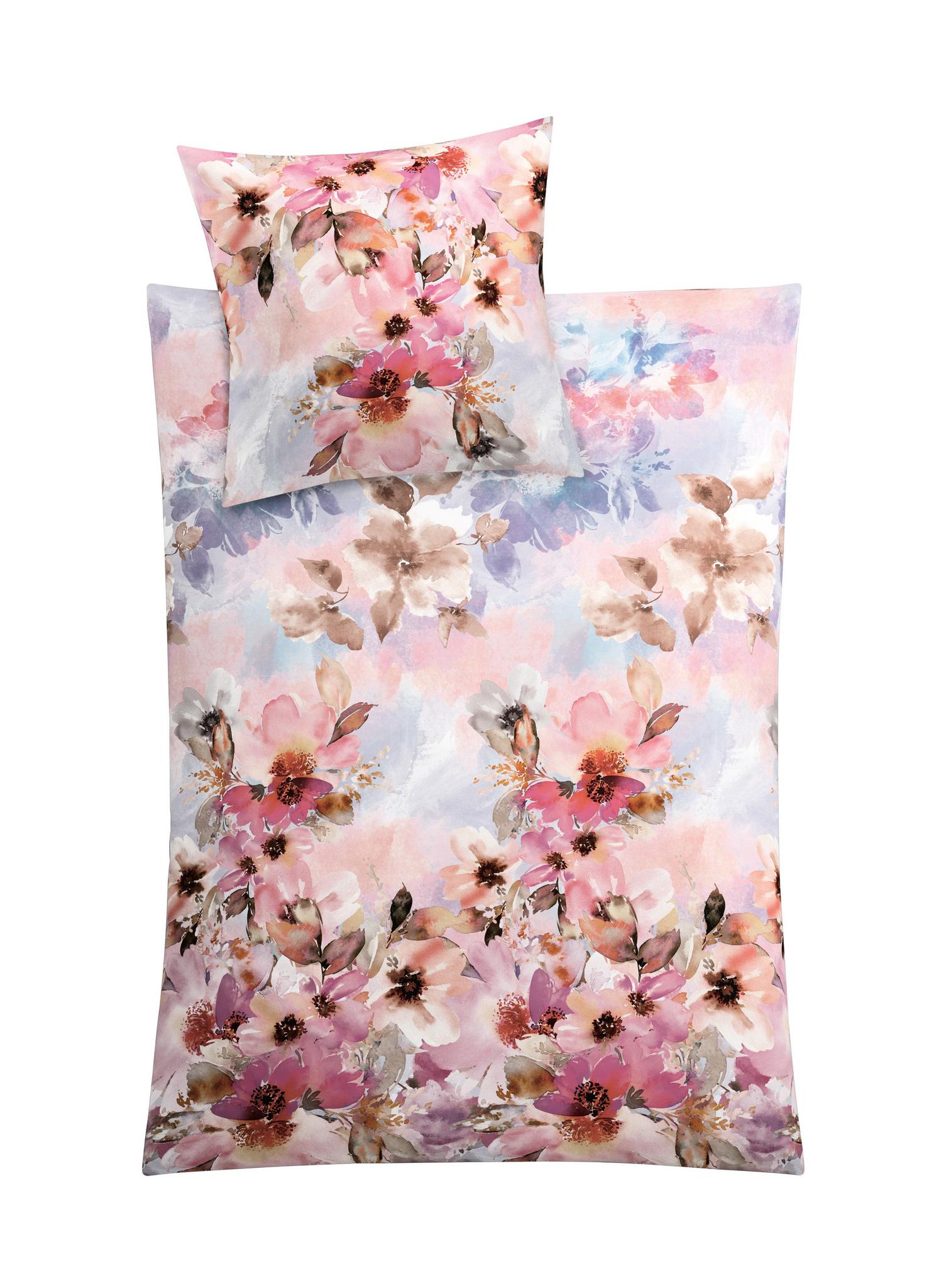 Bettwäsche mit großflächigem Aquarell-Blumenmuster in Rosa und Beige