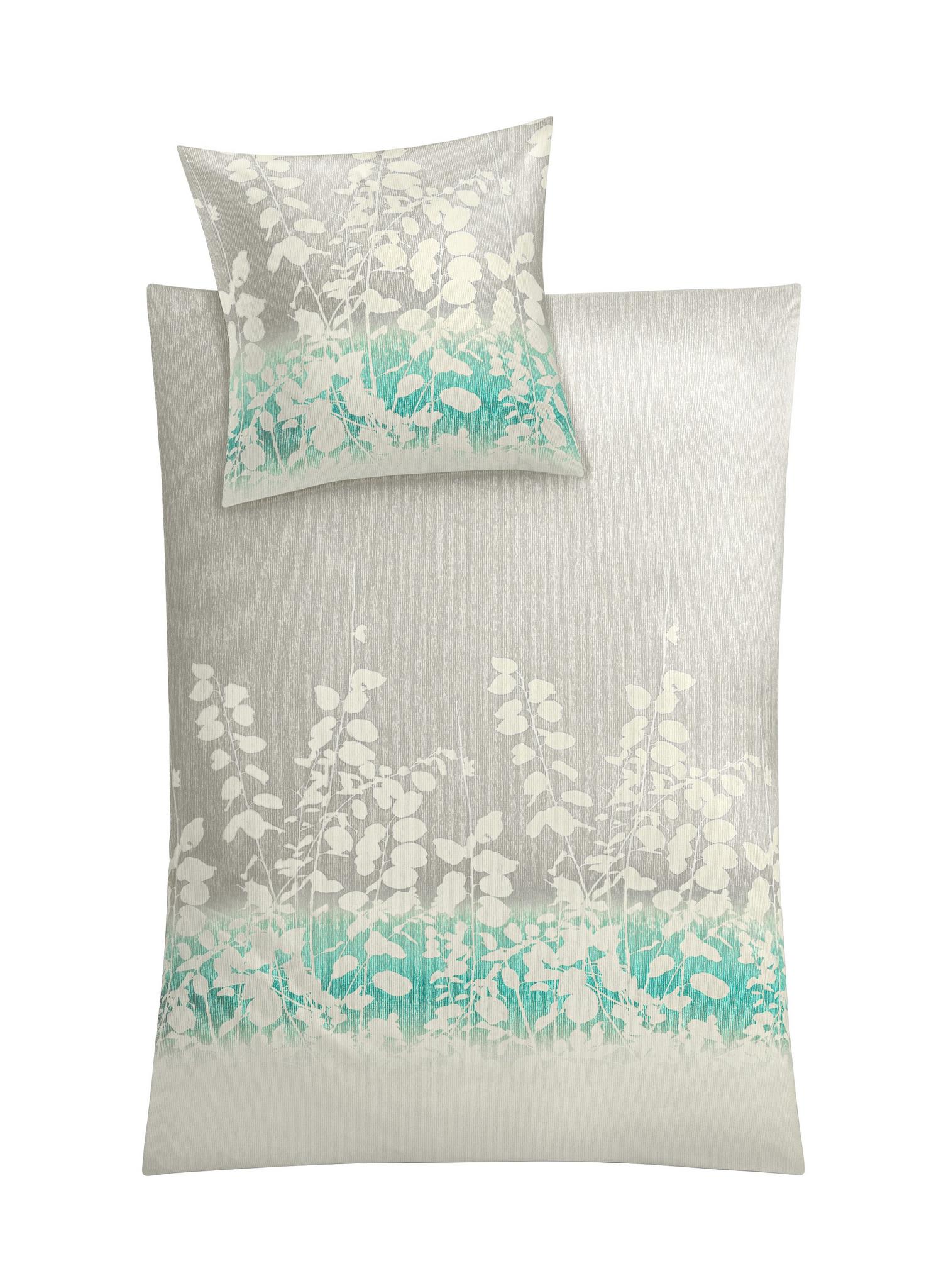Bettwäsche-Set beige mit weiß-türkisem Pflanzenmotiv, passendes Kissen