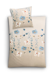 Bettwäsche-Set in Beige mit weißen und blauen zarten Blumenmotiven