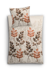 Bettwäsche-Set in Beige mit braun-orangenem Blätterdruck und Kissen
