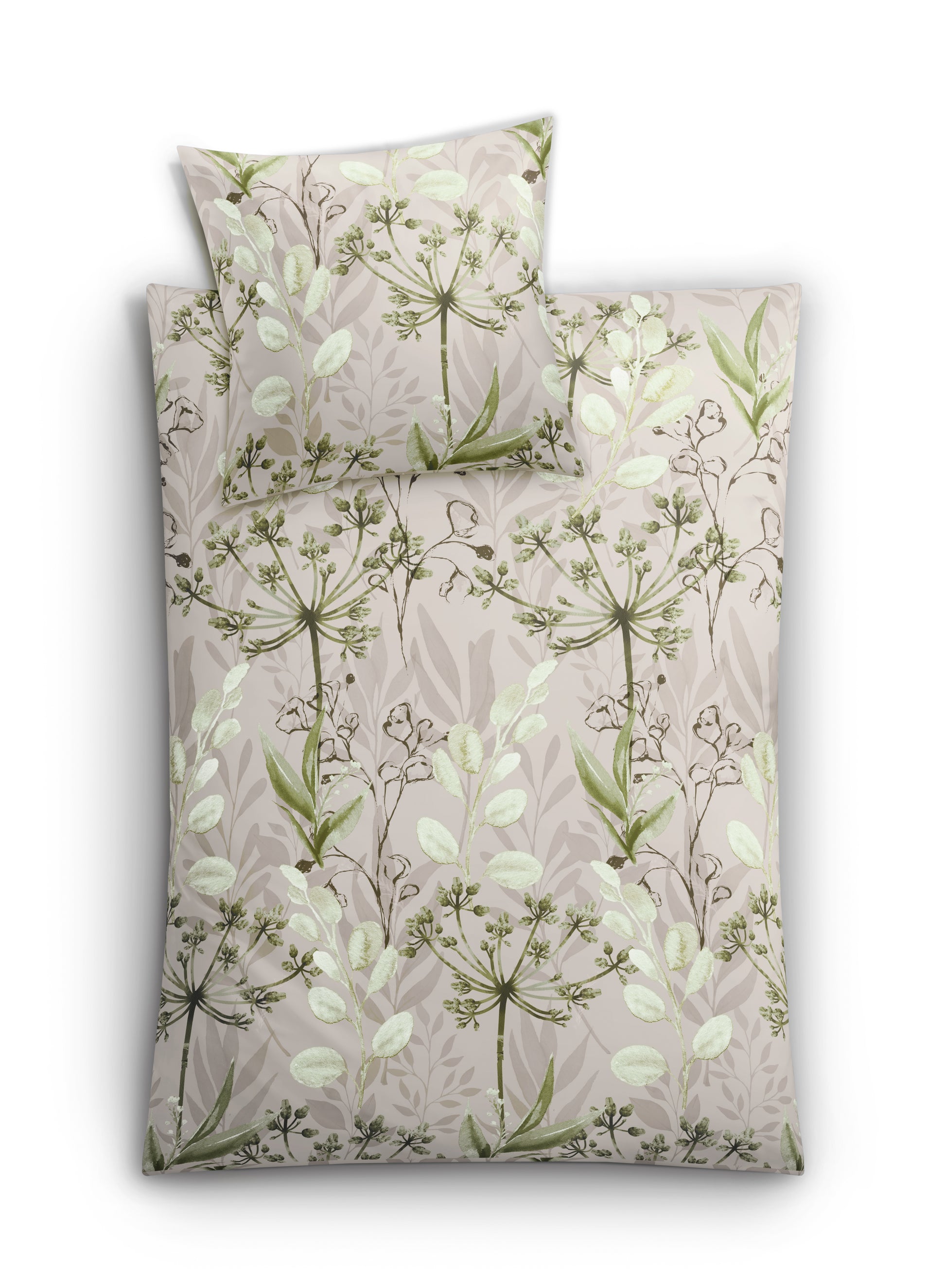 Bettwäsche-Set mit zartem beigefarbenem Bezug und grünem Blumenmuster