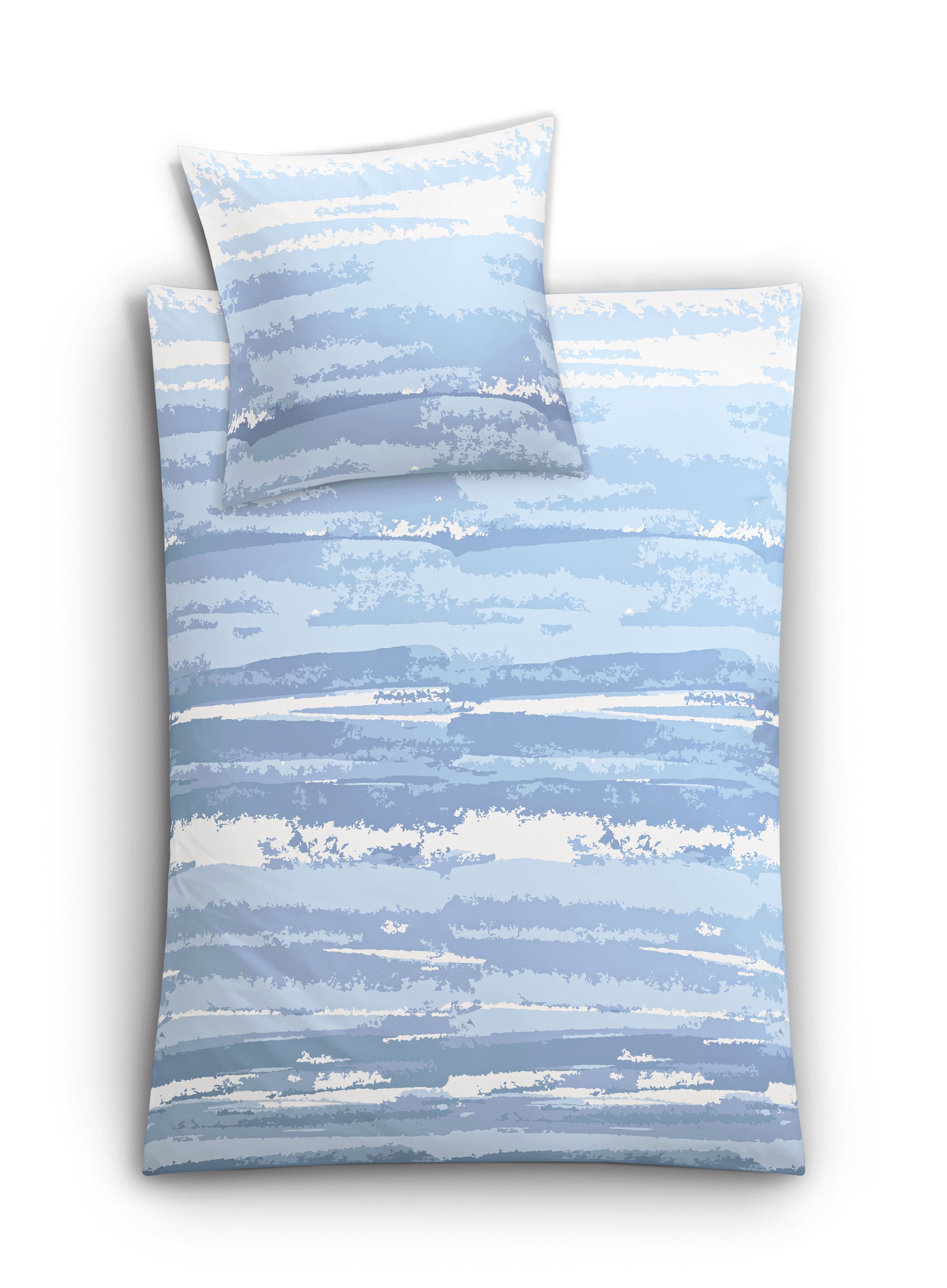 Bettwäsche-Set mit blauen und weißen Aquarell-Streifen auf Weiß hinten