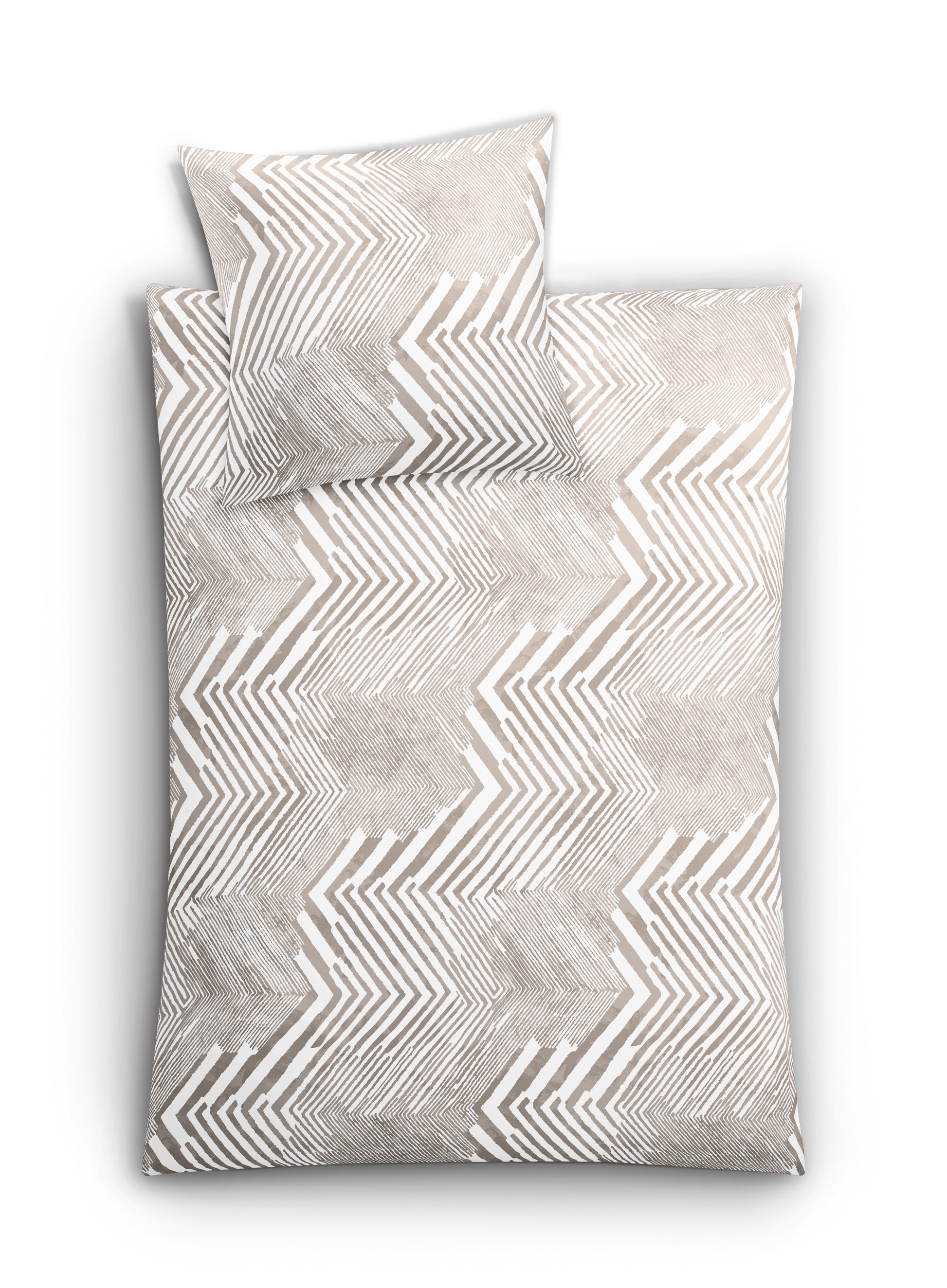 Bettwäsche Satin MACRA Macadamia 135x200 und 80x80 zeigt ein beiges Zickzackmuster auf weißem Grund.