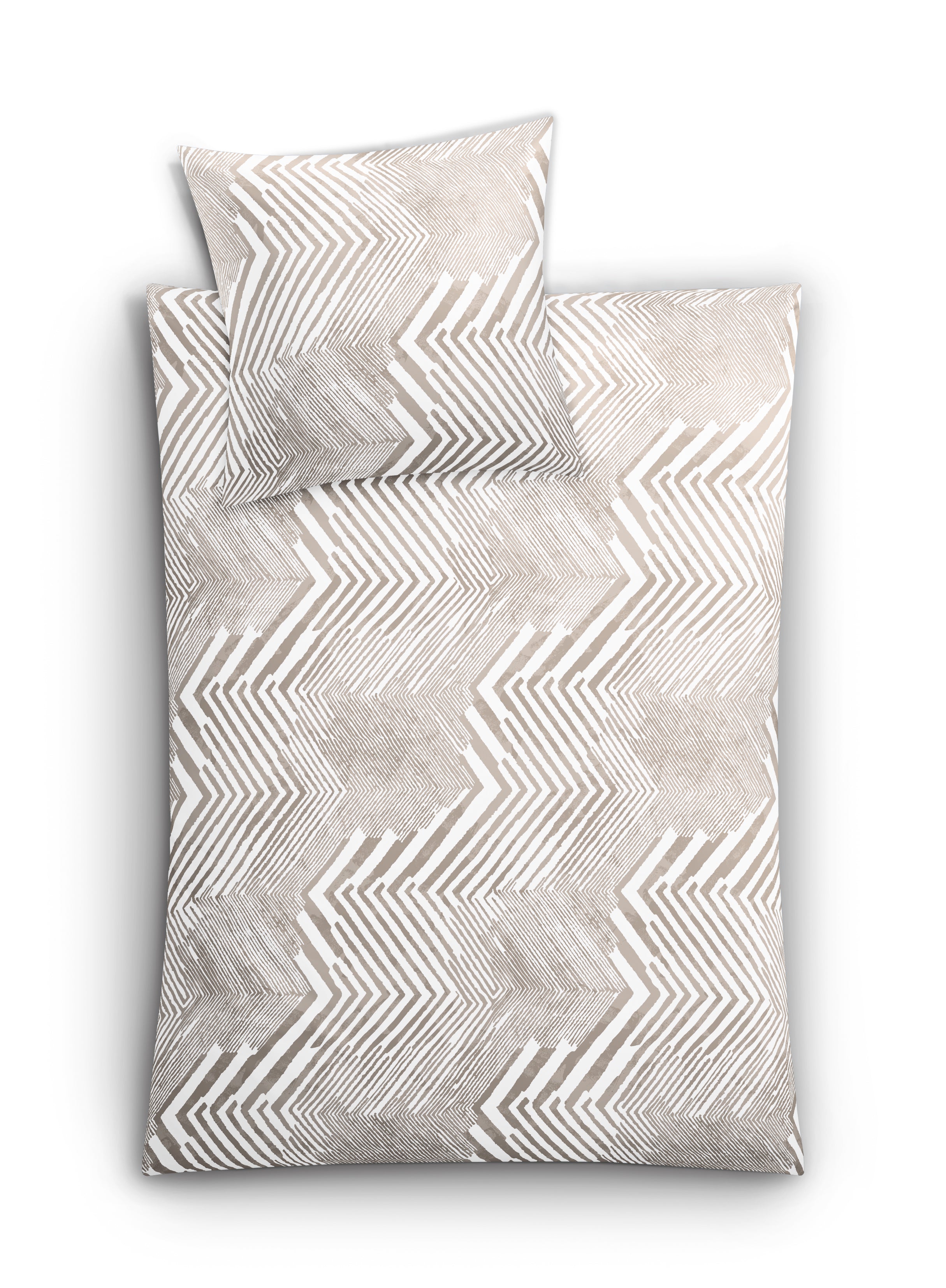 Bettwäsche Satin MACRA Macadamia 135x200 und 80x80 zeigt ein beiges Zickzackmuster auf weißem Grund.