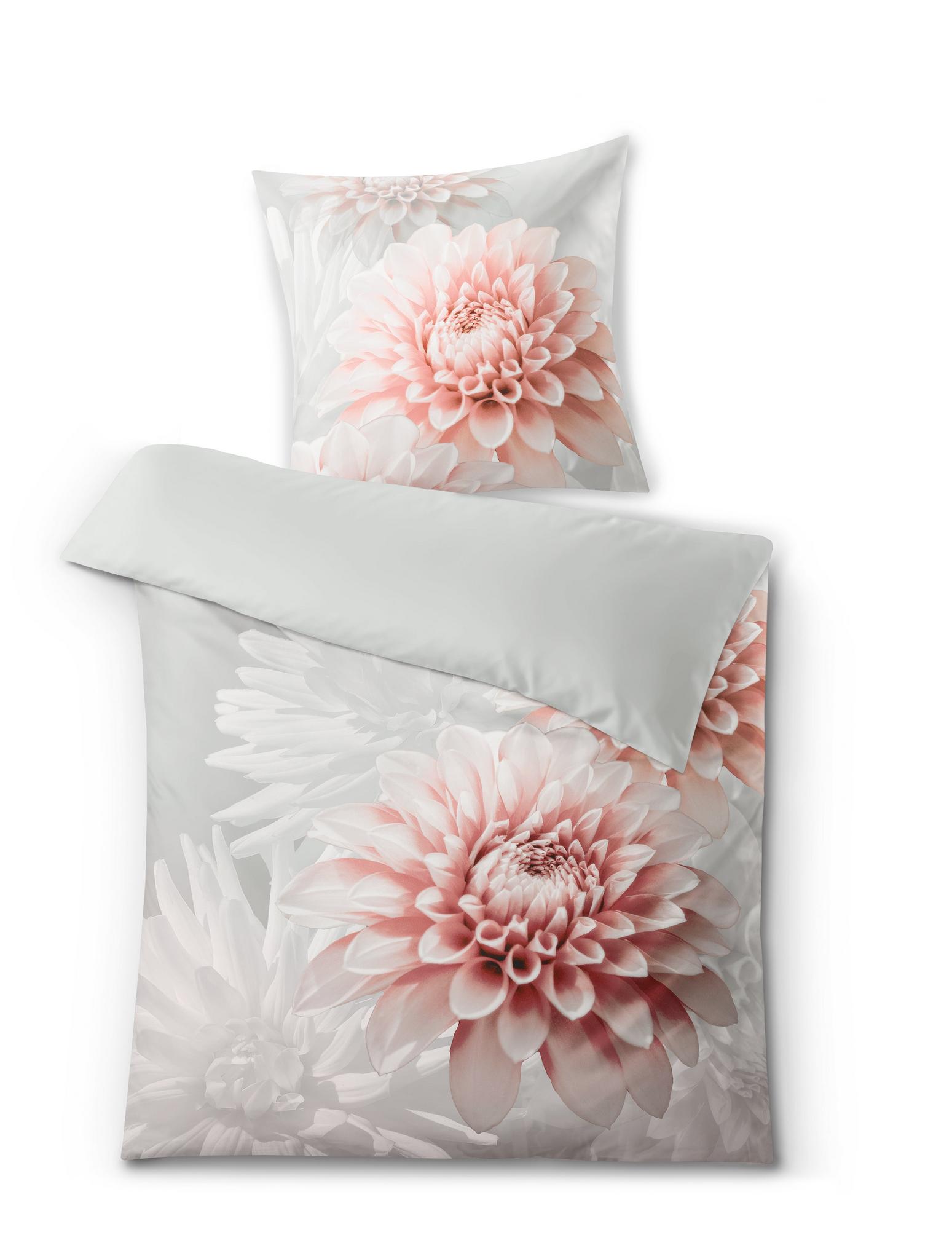 Bettwäsche-Set in Weiß mit großem roséfarbenem Dahlienblüten-Motiv