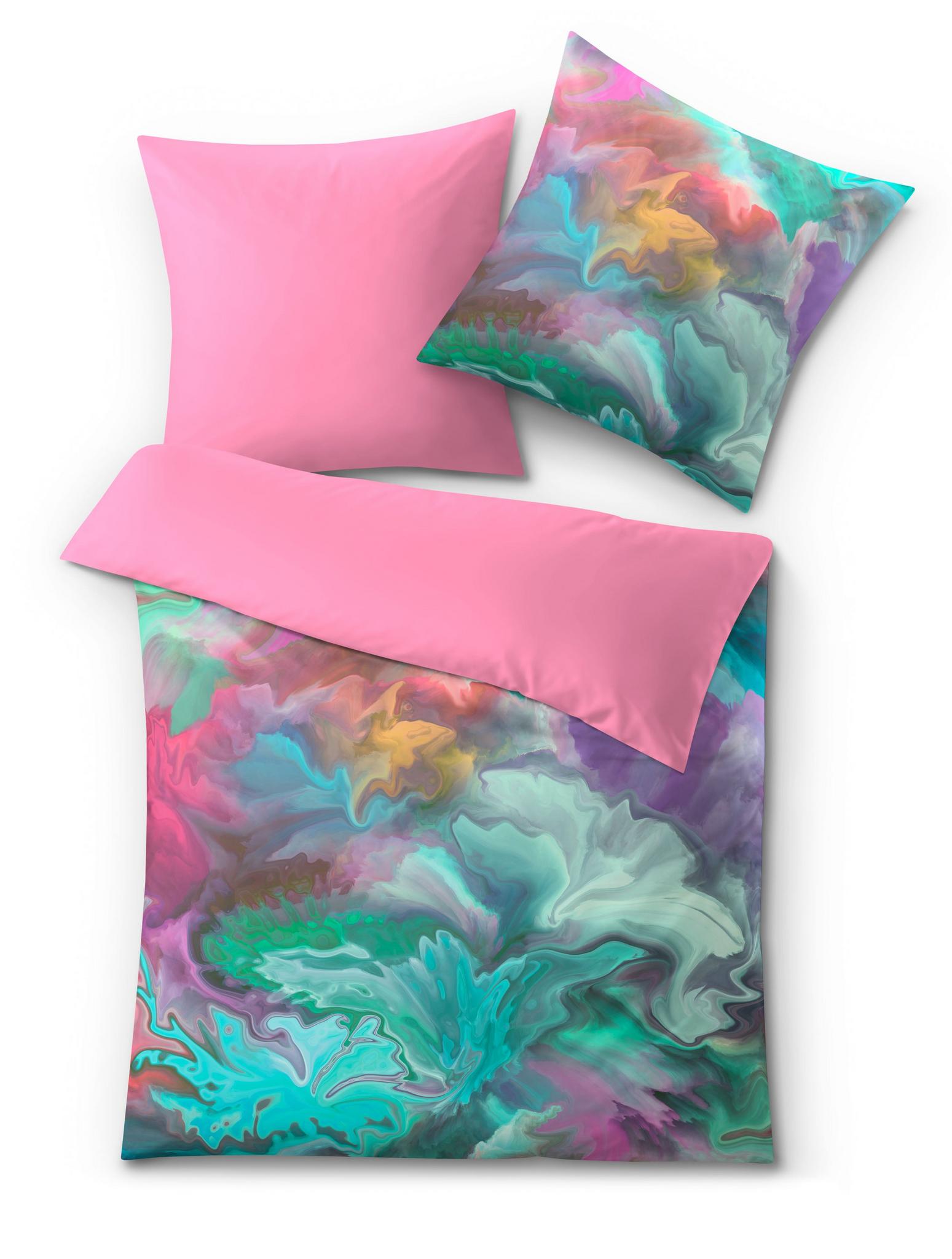 Bettwäsche in Rosa mit bunter, abstrakter Musterung in Pastellfarben