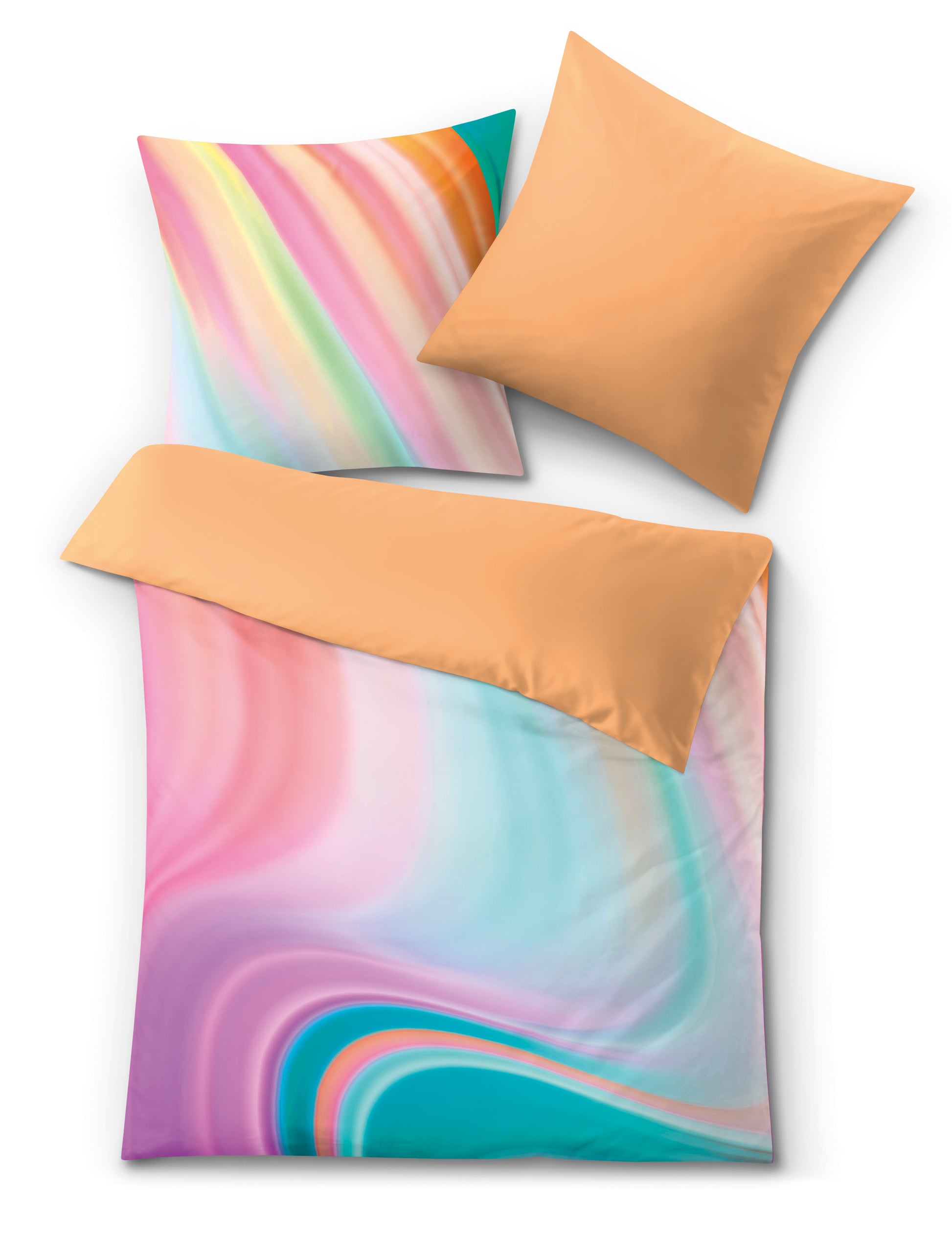 Bettwäsche Satin VIBES Multicolor mit Kissen auf Bett von oben fotografiert.