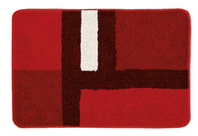 Roter rechteckiger Badteppich mit braunen und weißem Blockmuster