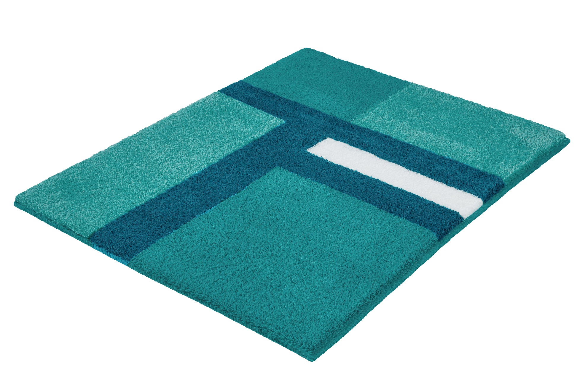 Türkise Badematte mit dunkelblauem Muster auf weißem Hintergrund.