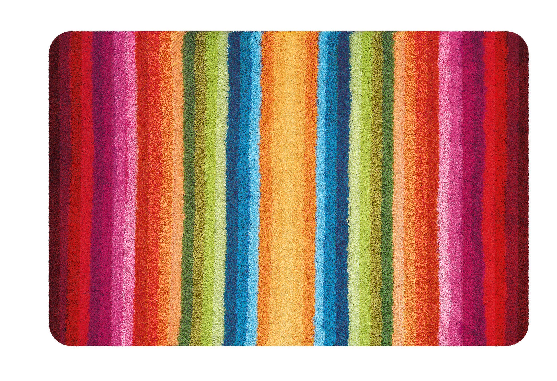 Bunte Badematte mit vertikalen leuchtenden Streifen in Regenbogenfarben
