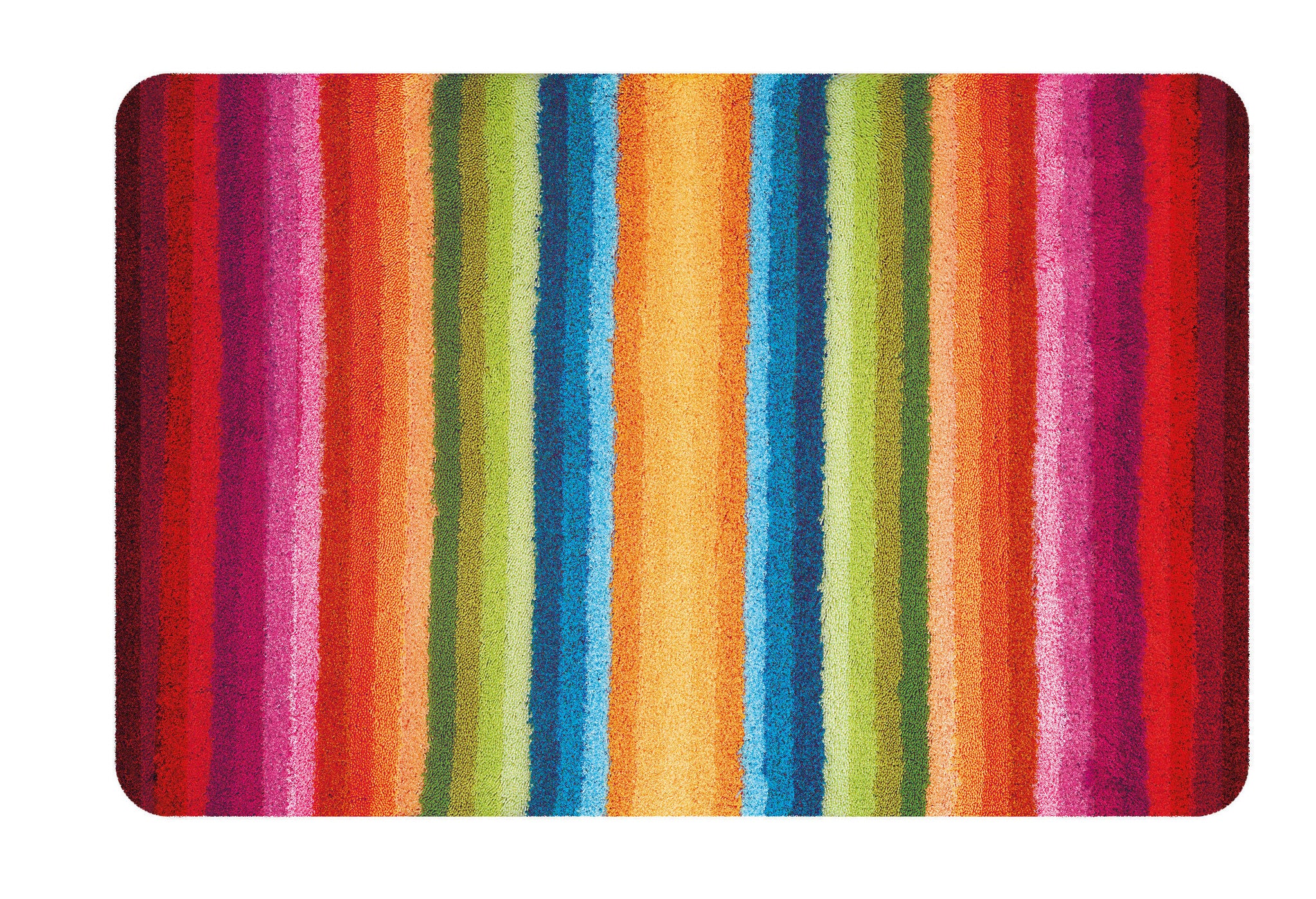 Bunte Badematte mit vertikalen leuchtenden Streifen in Regenbogenfarben