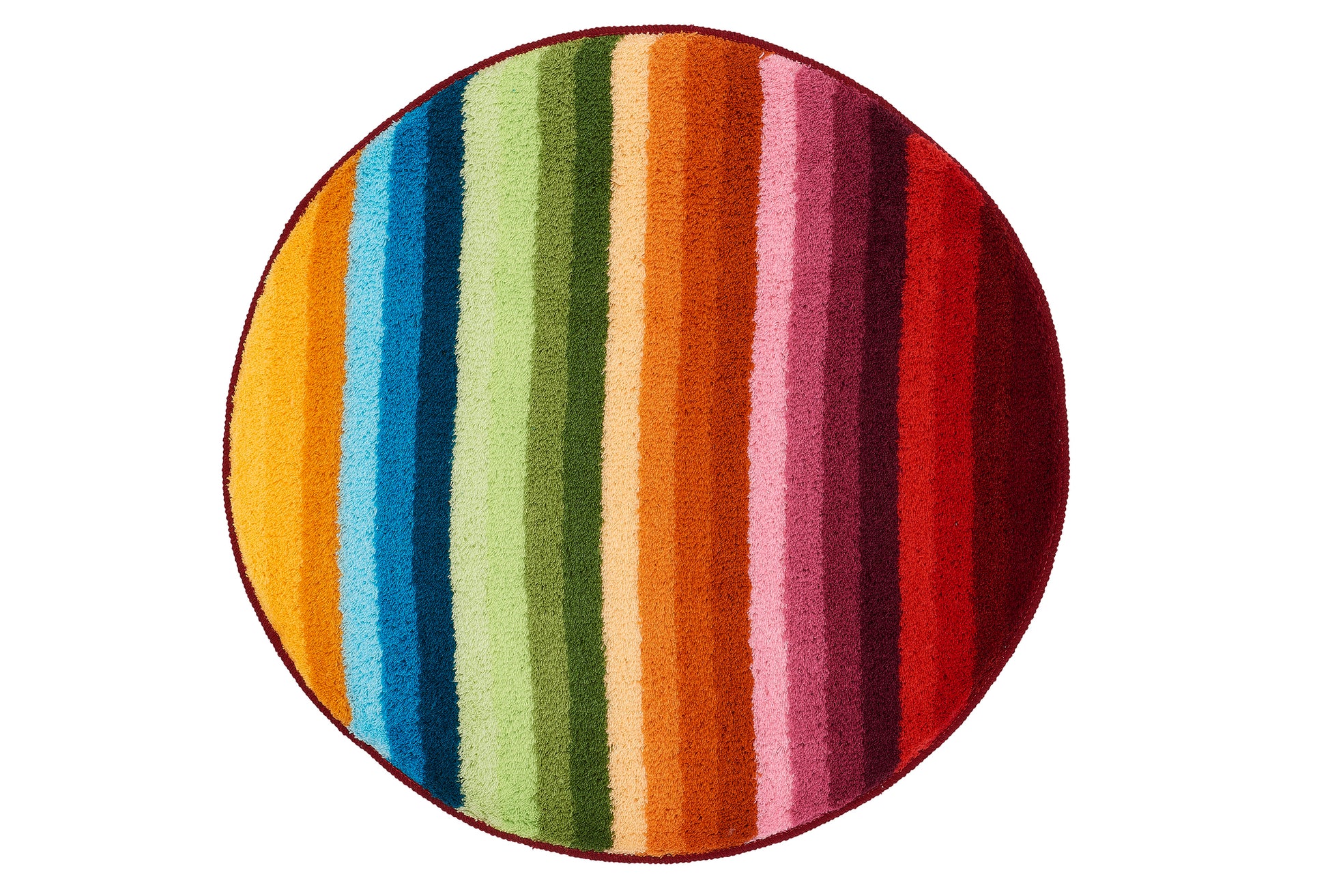 Runder Badteppich mit bunten, vertikalen Streifen in Regenbogenfarben