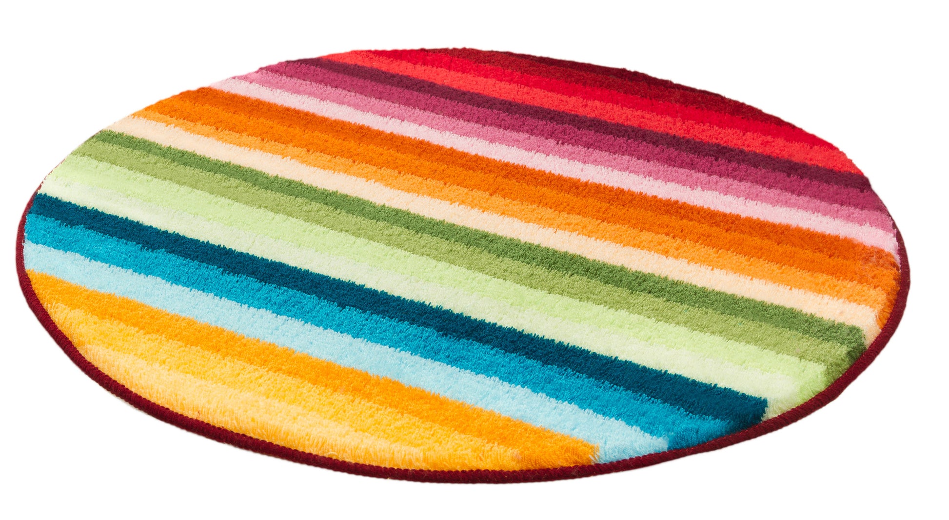 Runder, bunter Badteppich mit breiten, farbigen Streifen in Regenbogenfarben
