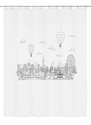 Duschvorhang PEVA WONDERLAND schwarz-weiß zeigt Stadtsilhouette mit Heißluftballons und Riesenrad.