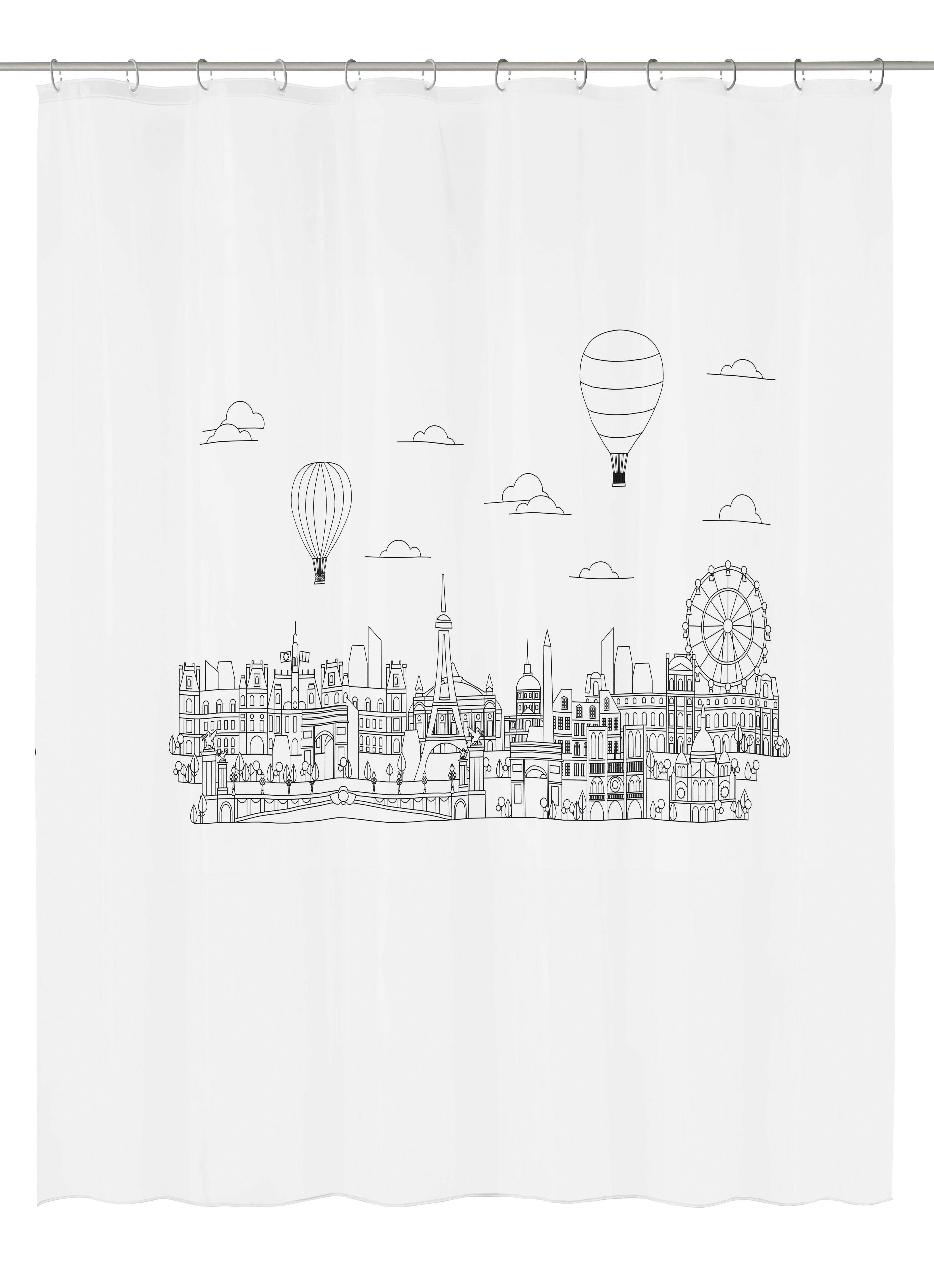 Duschvorhang PEVA WONDERLAND schwarz-weiß zeigt Stadtsilhouette mit Heißluftballons und Riesenrad.