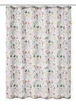 Duschvorhang mit zartem Blumen- und Vogelmotiv auf dezentem Grund