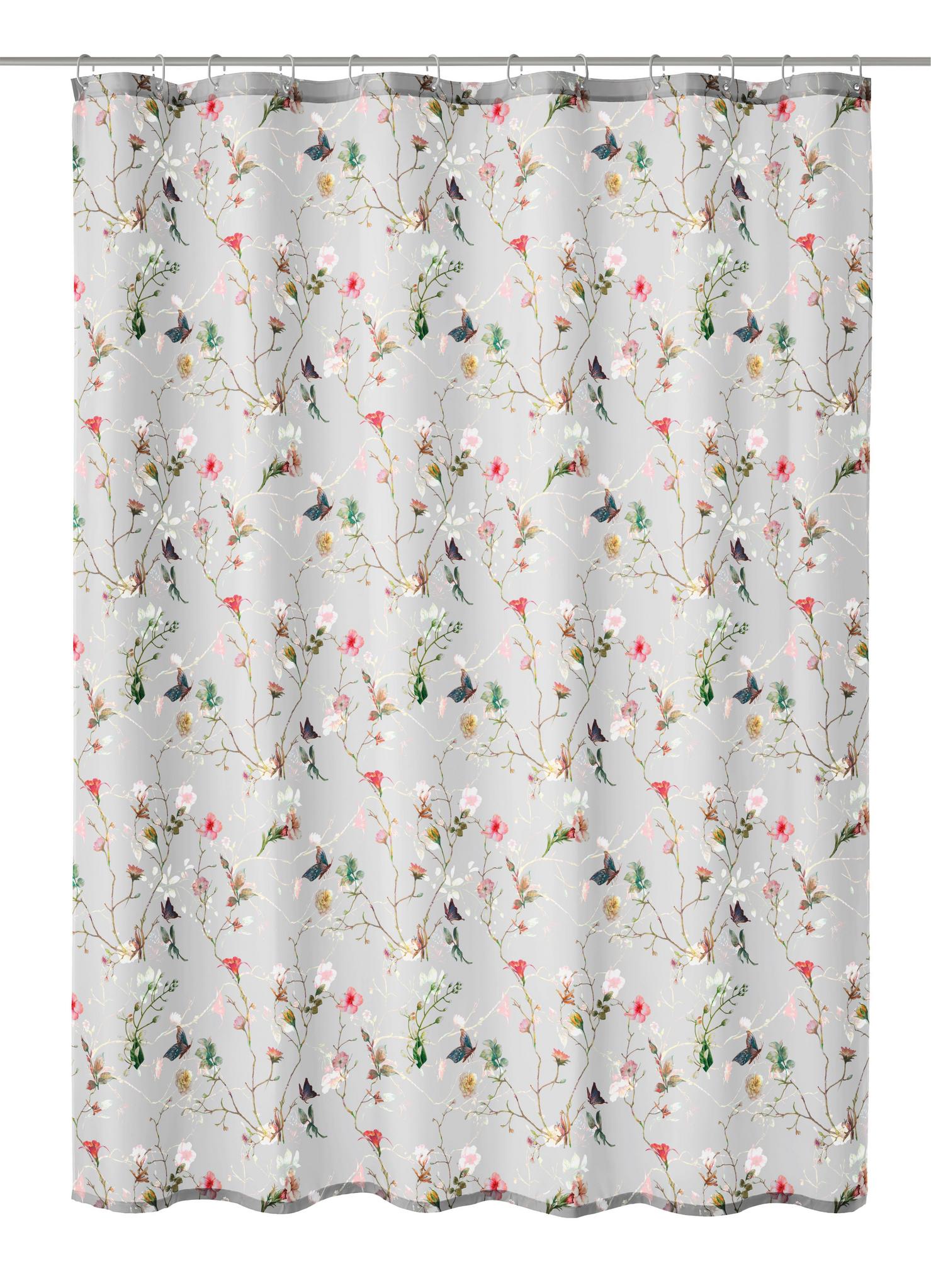 Duschvorhang mit zartem Blumen- und Vogelmotiv auf dezentem Grund