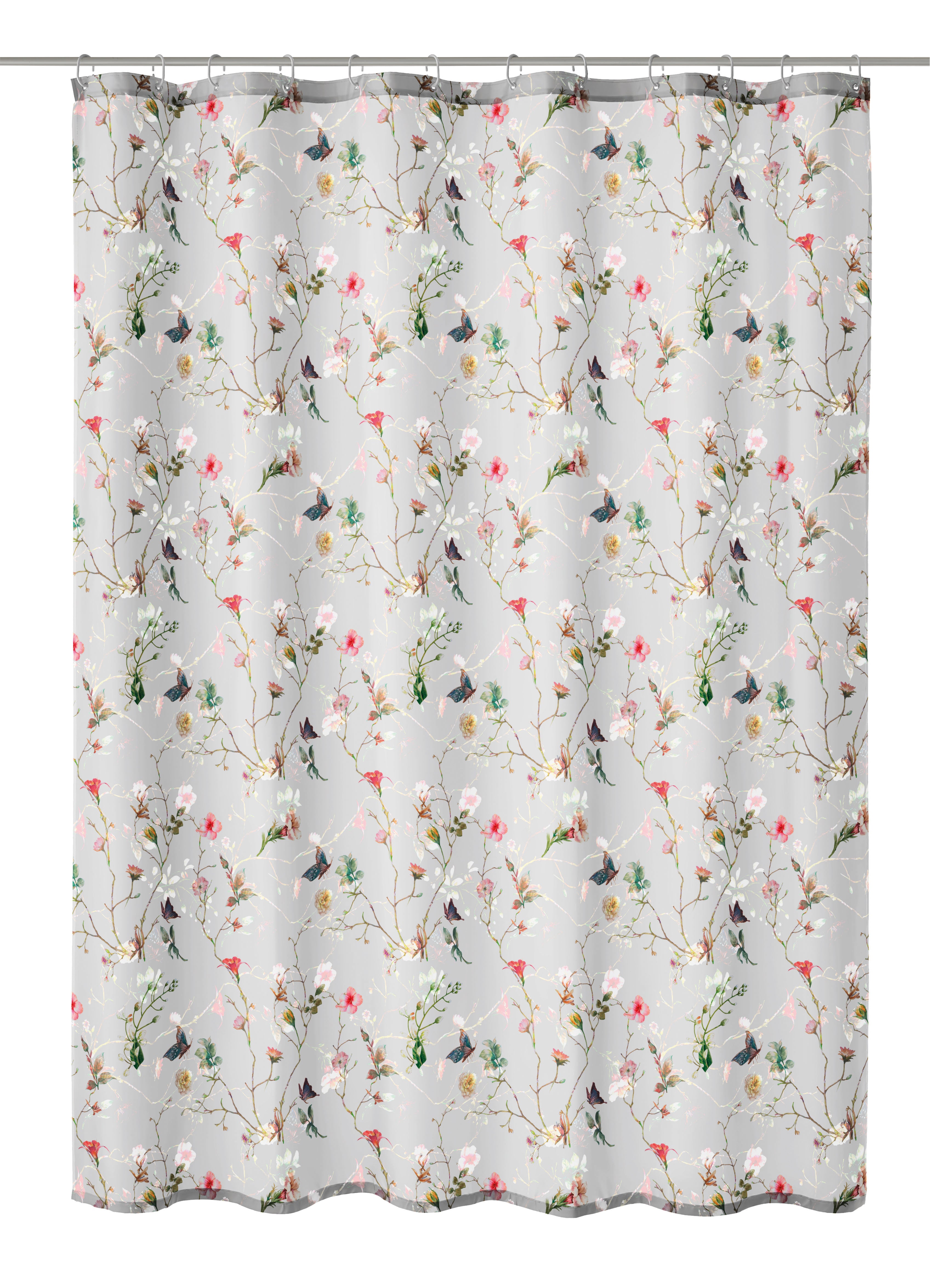Duschvorhang mit zartem Blumen- und Vogelmotiv auf dezentem Grund