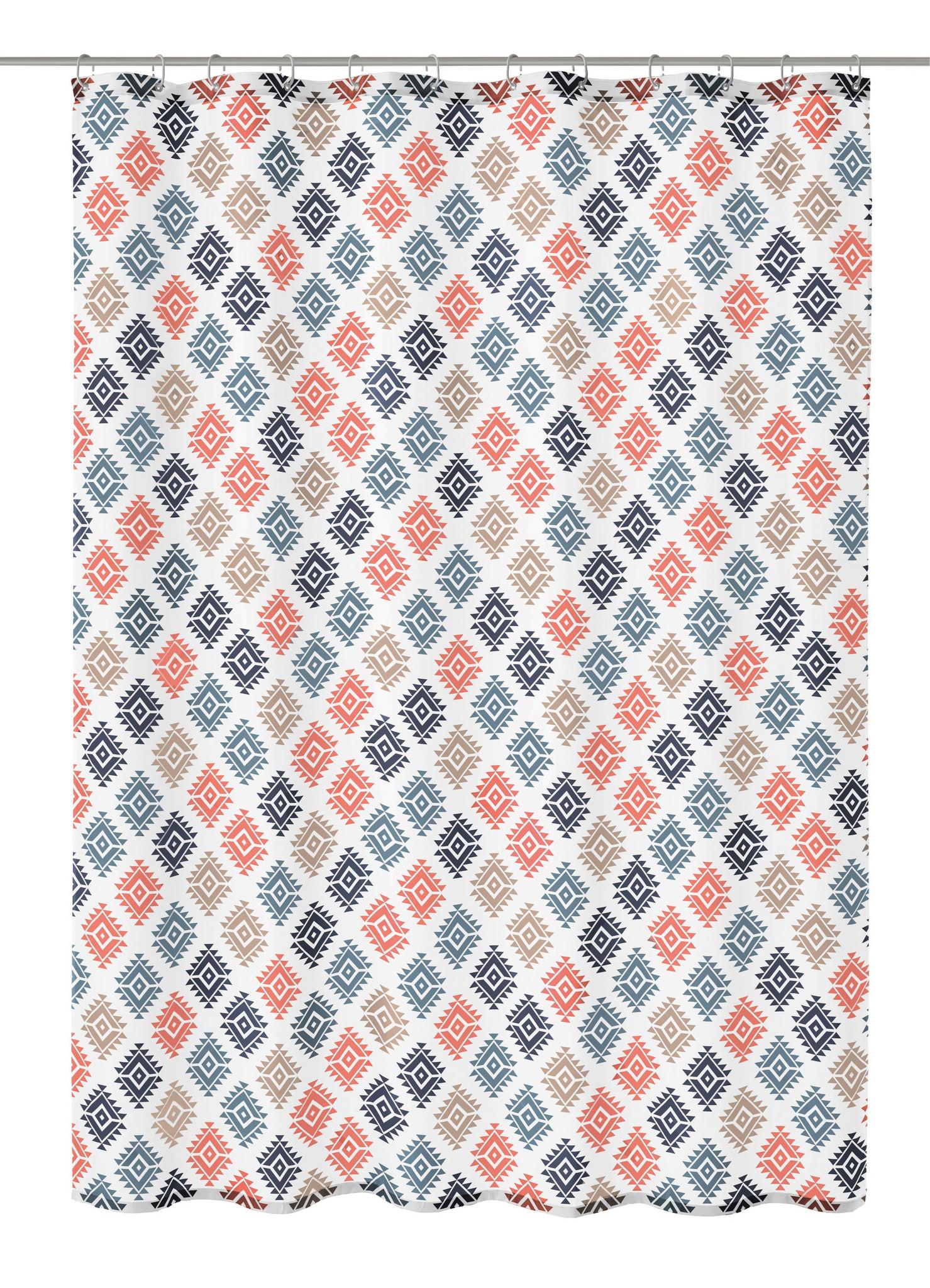 Duschvorhang mit mehrfarbigem Rautenmuster in Blau, Rot und Beige