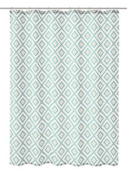 Duschvorhang mit türkisfarbenem Rautenmuster und zarten kleinen Blüten