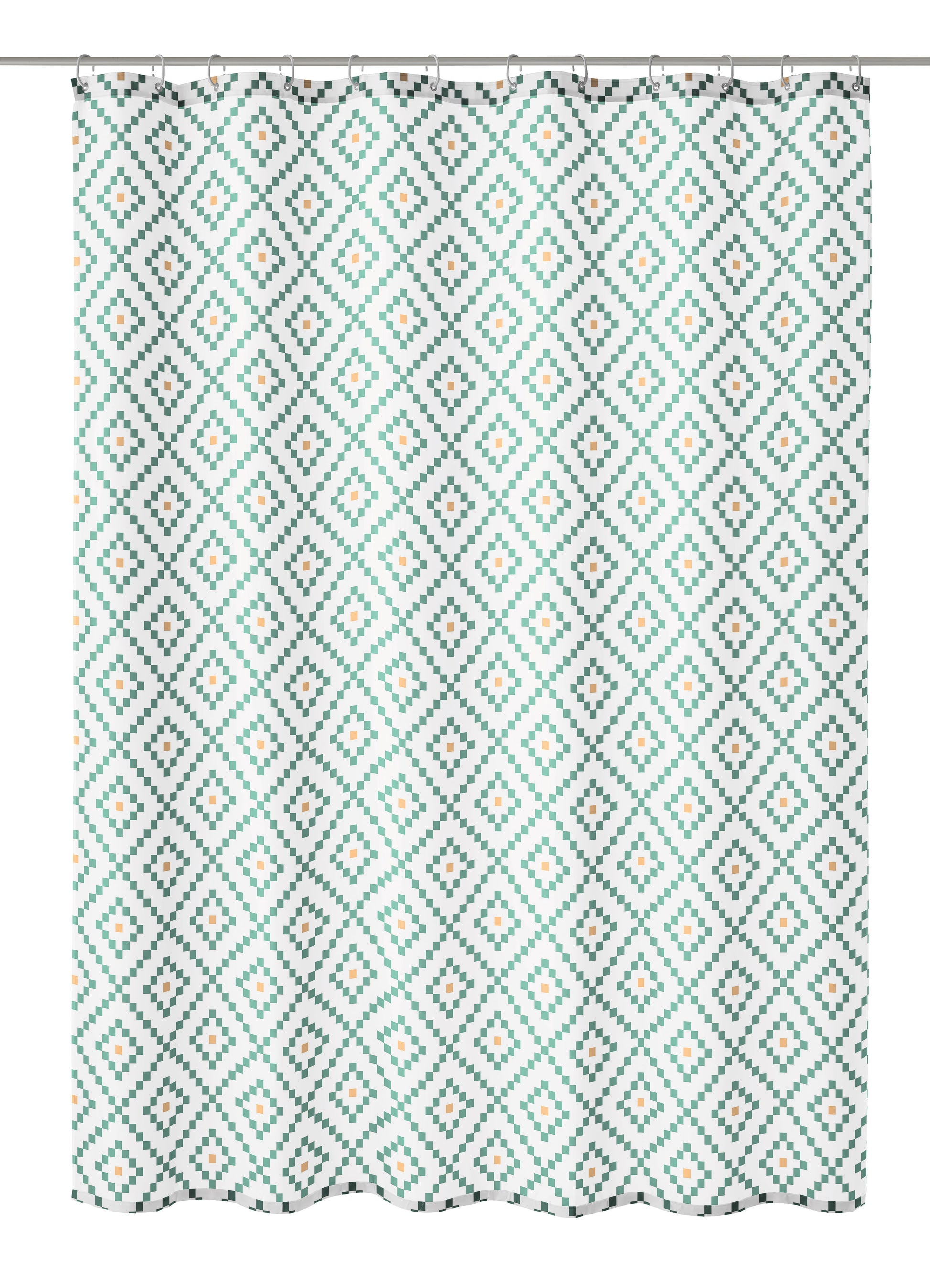 Duschvorhang mit türkisfarbenem Rautenmuster und zarten kleinen Blüten