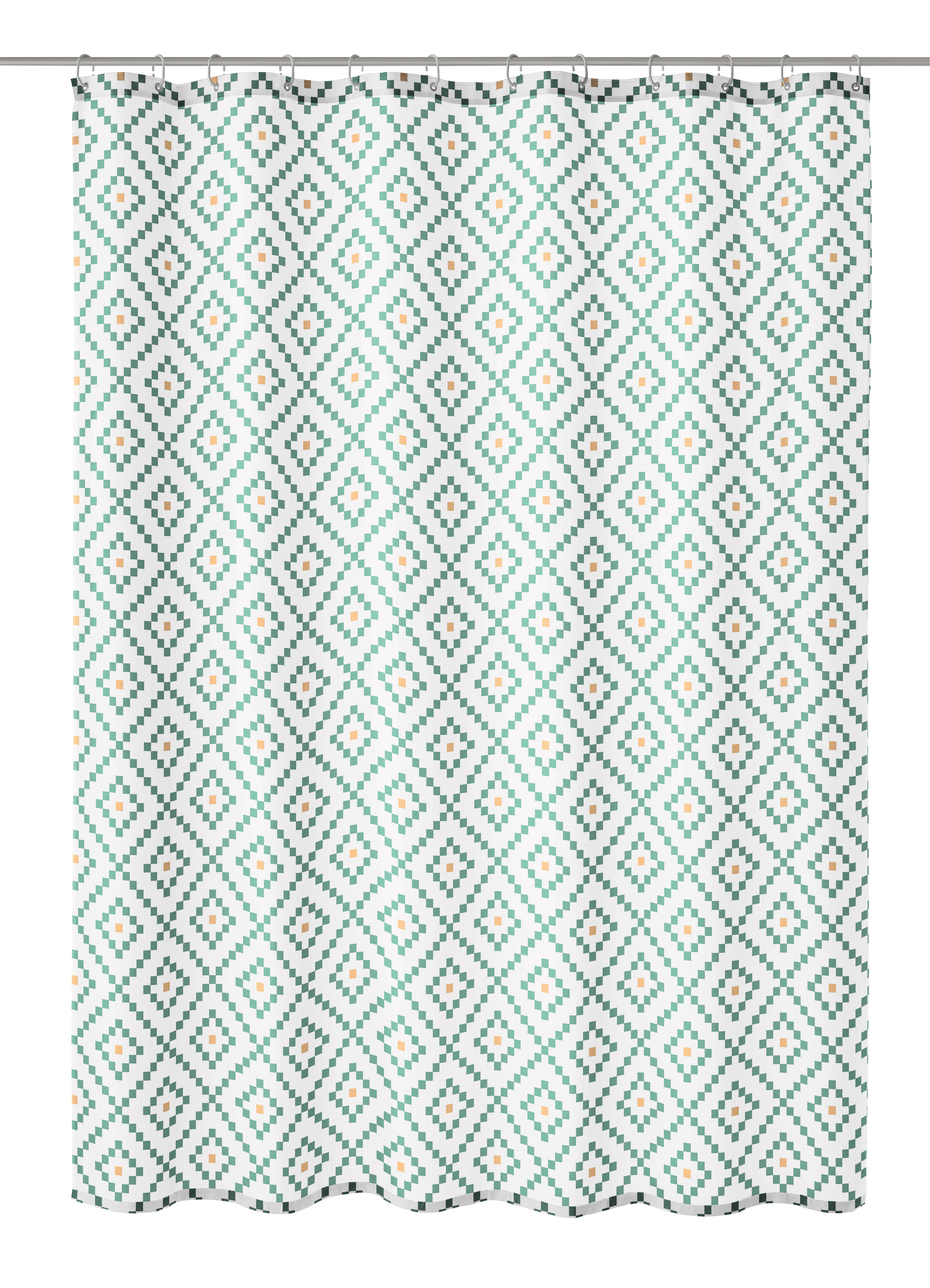 Duschvorhang mit türkisfarbenem Rautenmuster und zarten kleinen Blüten