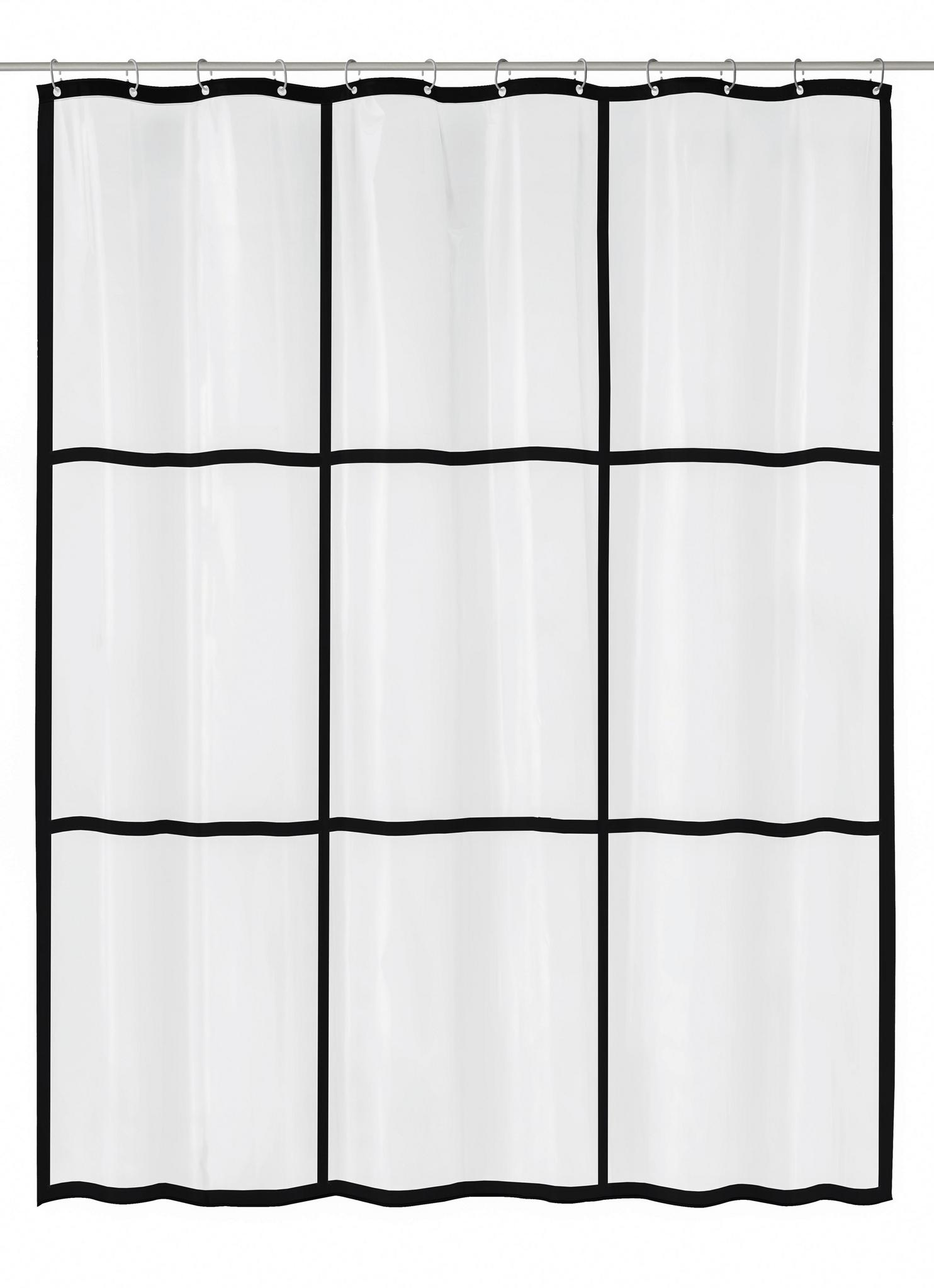 Transparenter Duschvorhang mit schwarzem Rahmen im 3x3-Gitterdesign