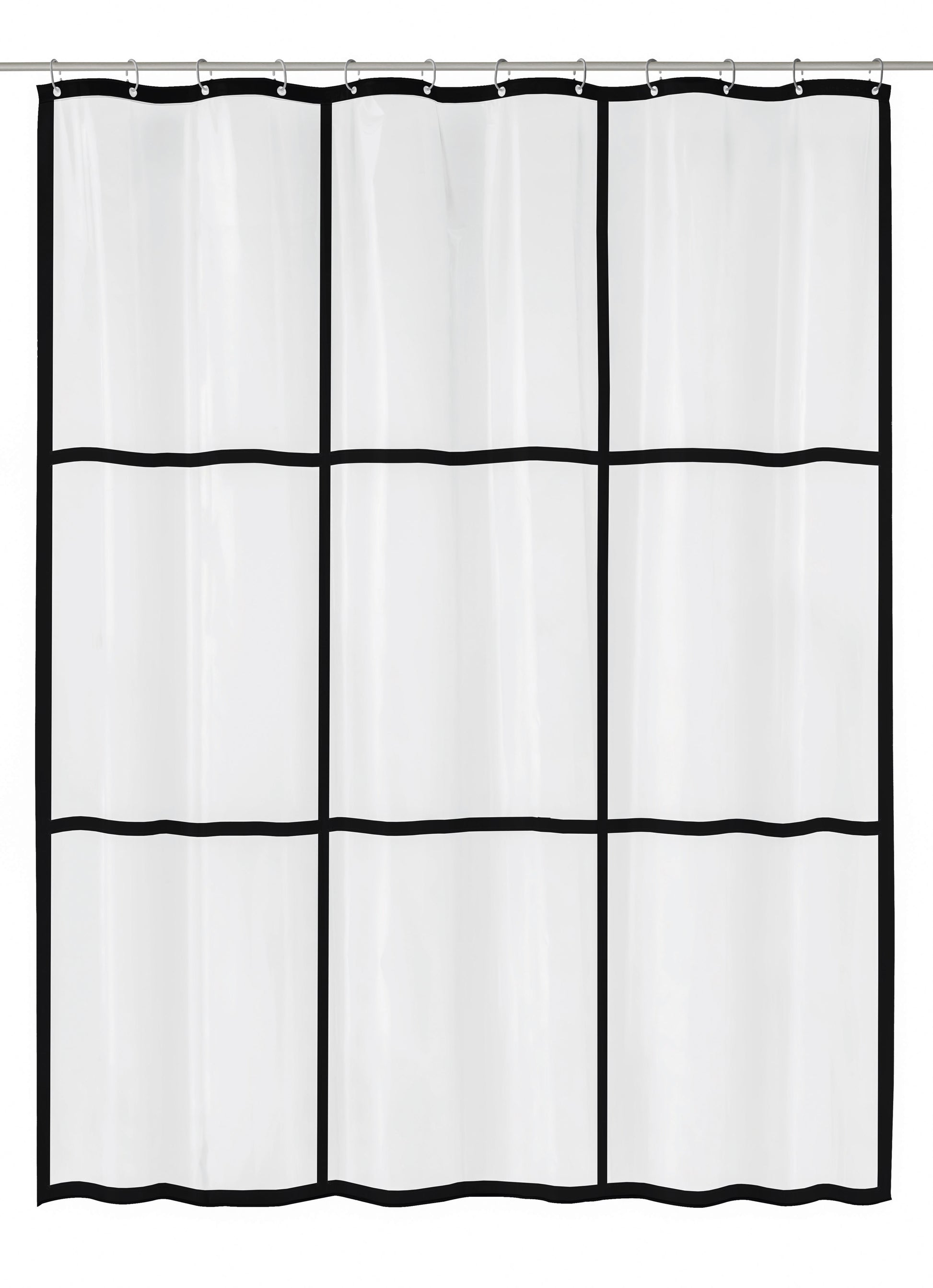 Transparenter Duschvorhang PEVA BROOKLYN Clear 180 x 200 cm mit schwarzem Karomuster ist zu sehen.