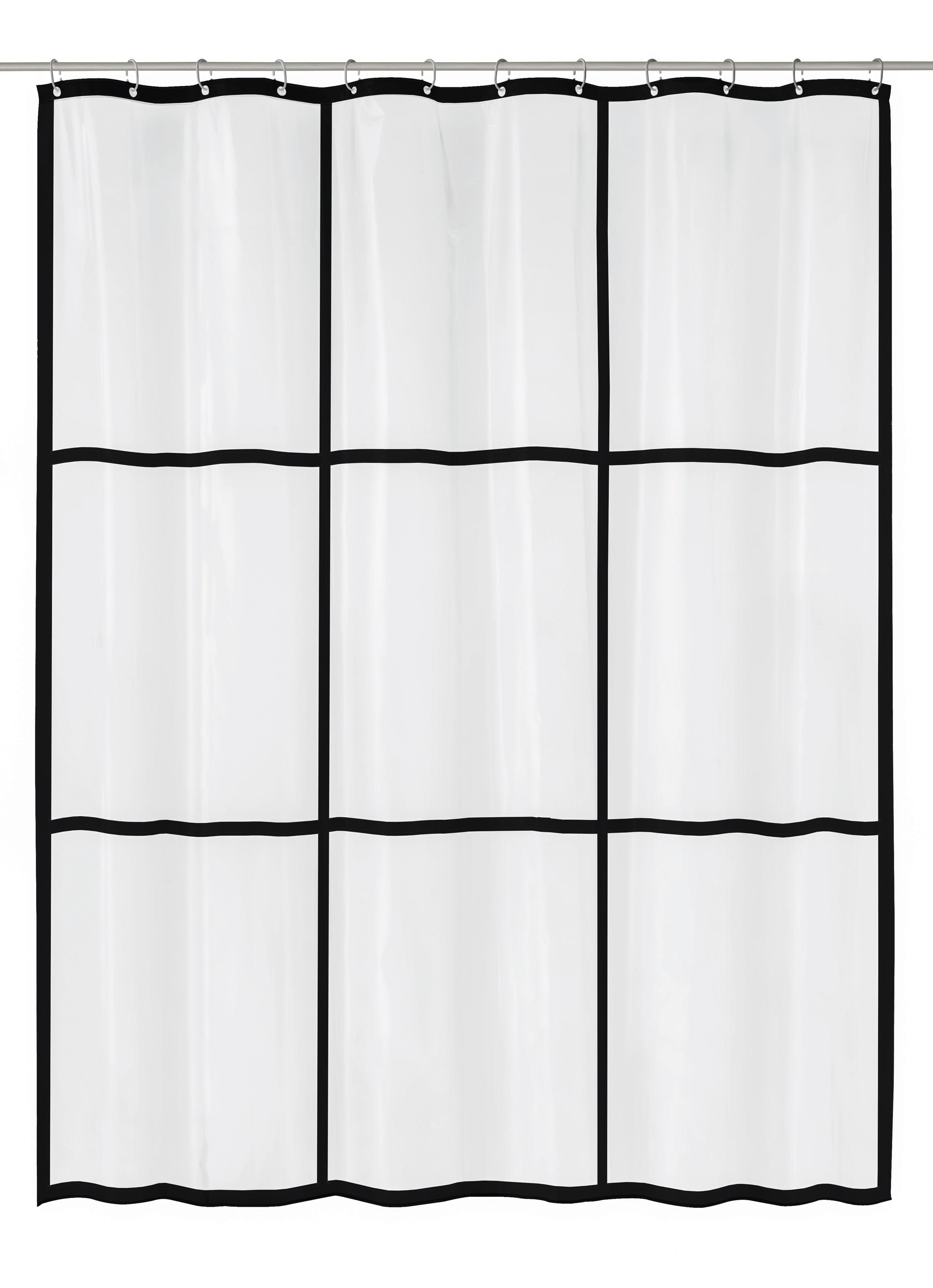 Transparenter Duschvorhang PEVA BROOKLYN Clear 180 x 200 cm mit schwarzem Karomuster ist zu sehen.
