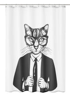 Duschvorhang mit gezeichneter Katze im Anzug und Brille Motiv