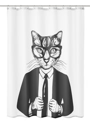 Duschvorhang mit gezeichneter Katze im Anzug und Brille Motiv