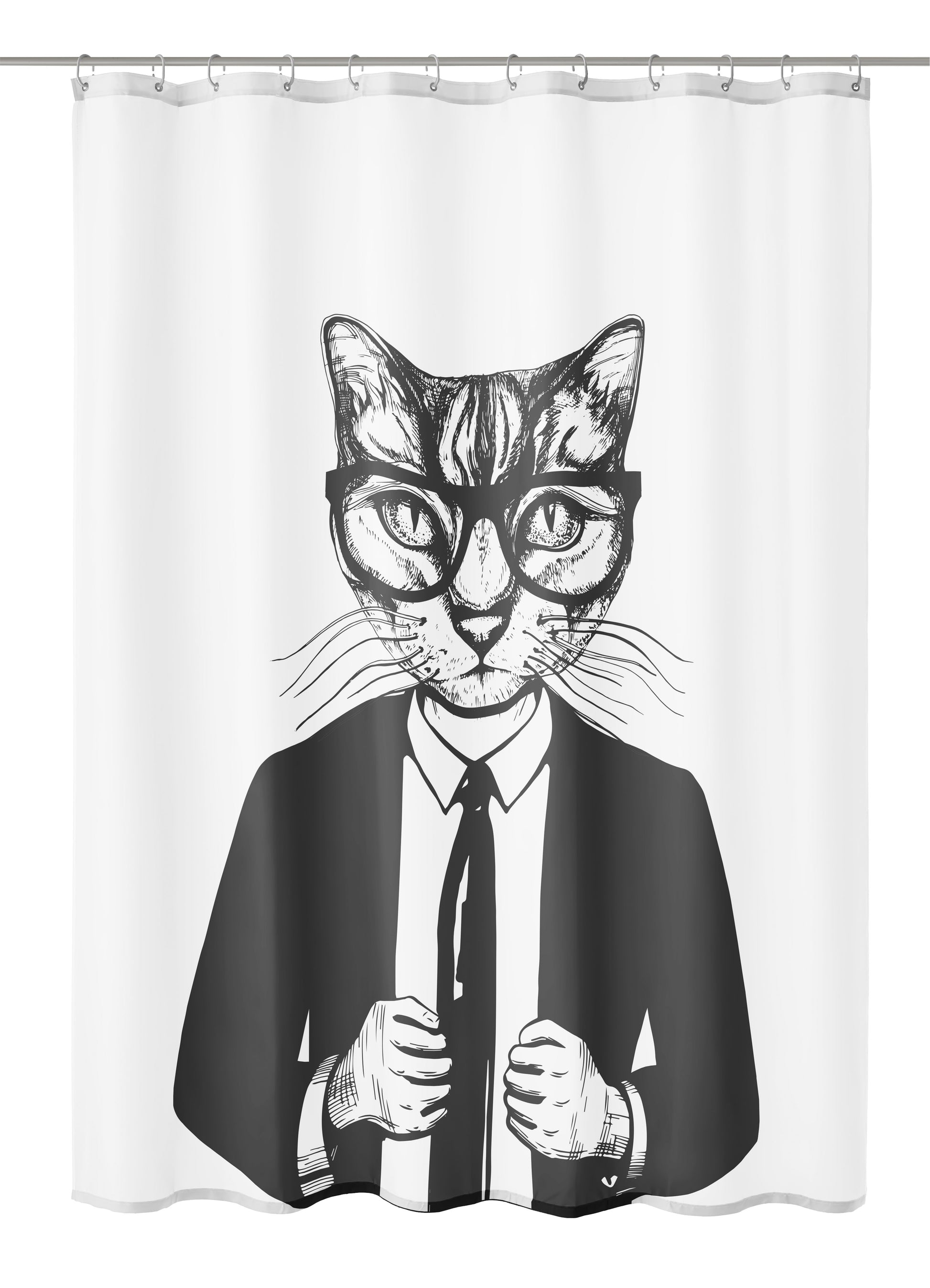 Duschvorhang mit gezeichneter Katze im Anzug und Brille Motiv