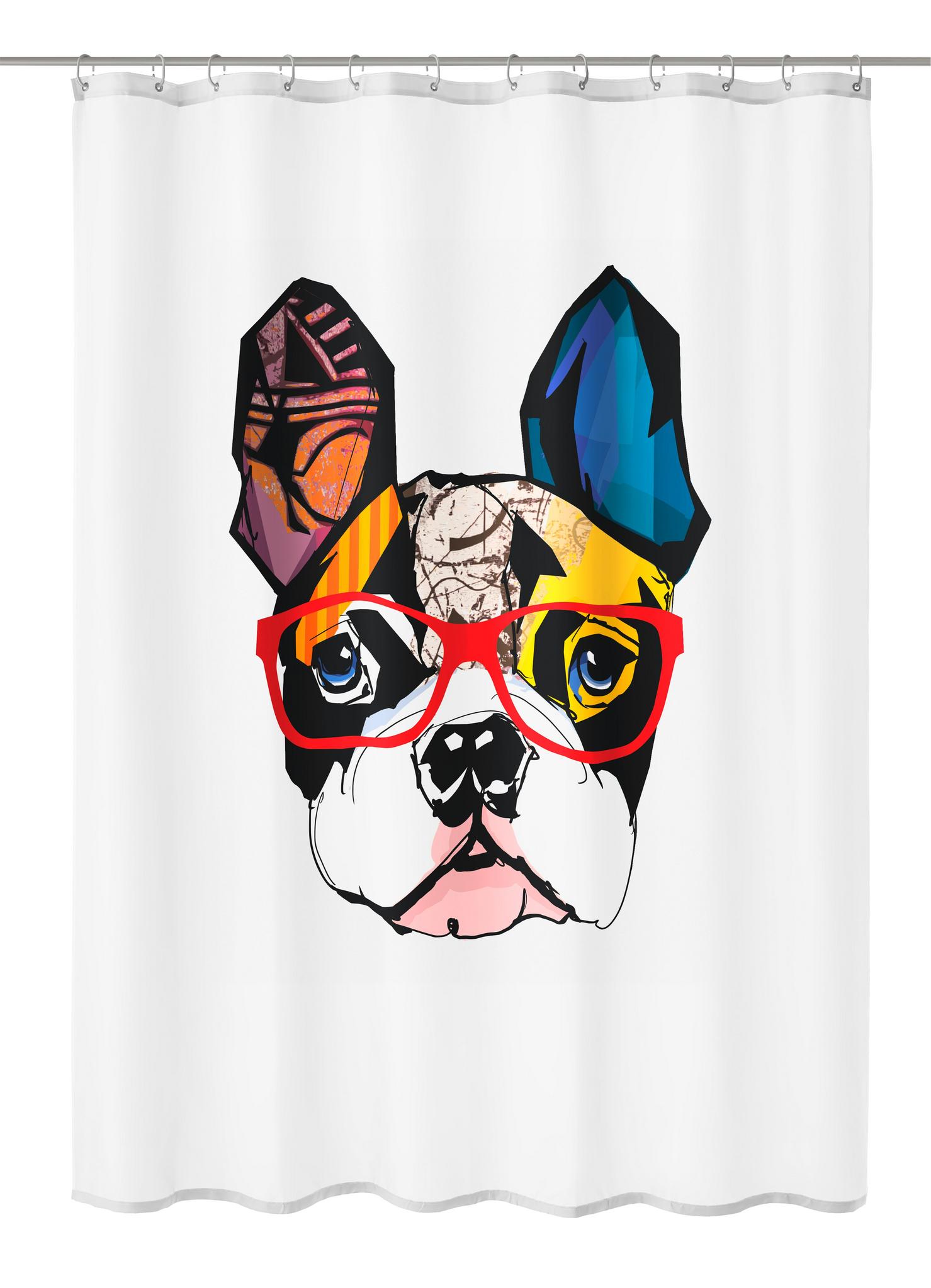 Weißer Duschvorhang mit buntem Bulldoggenkopf mit roter Brille Motiv