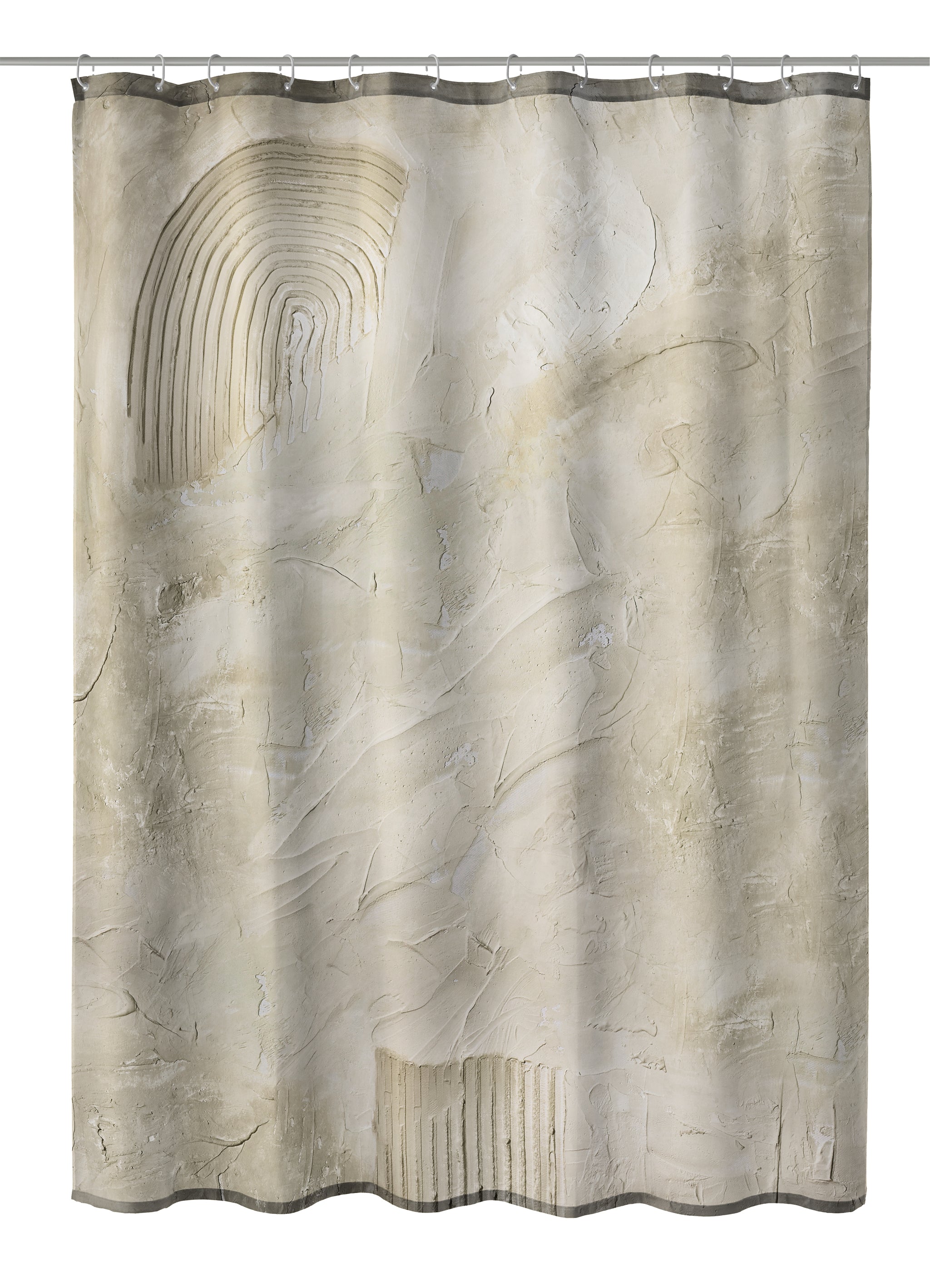 Textiler Duschvorhang ART Natur 180 x 200 cm in Beige mit abstrakter Struktur hängt glatt ausgebreitet.