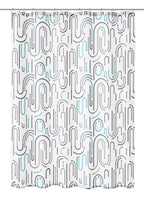 Weißer Duschvorhang mit grauen und türkisfarbenen Linienbögen Muster