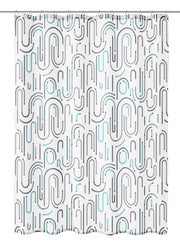 Duschvorhang Textil VISION Grau mit abstraktem grau-türkisen Muster hängt glatt ausgebreitet.