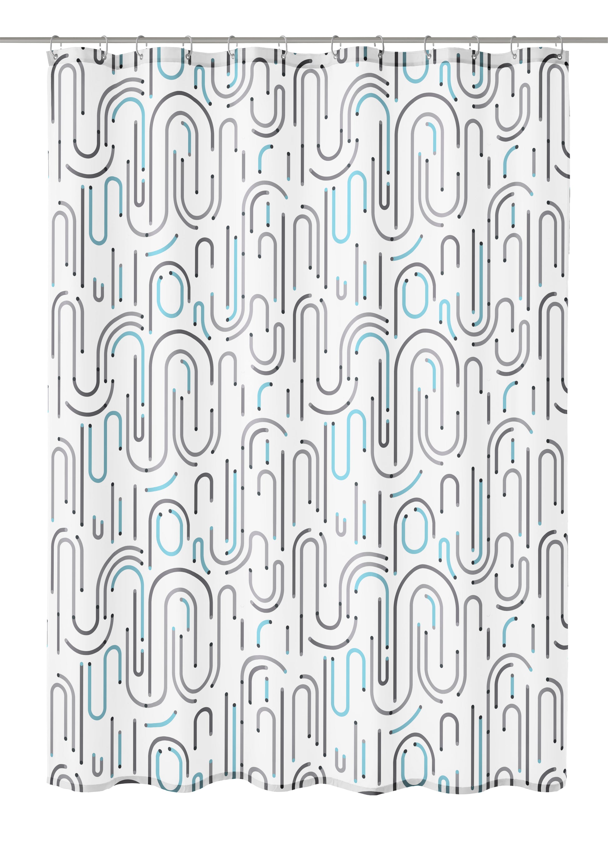 Duschvorhang Textil VISION Grau mit abstraktem grau-türkisen Muster hängt glatt ausgebreitet.