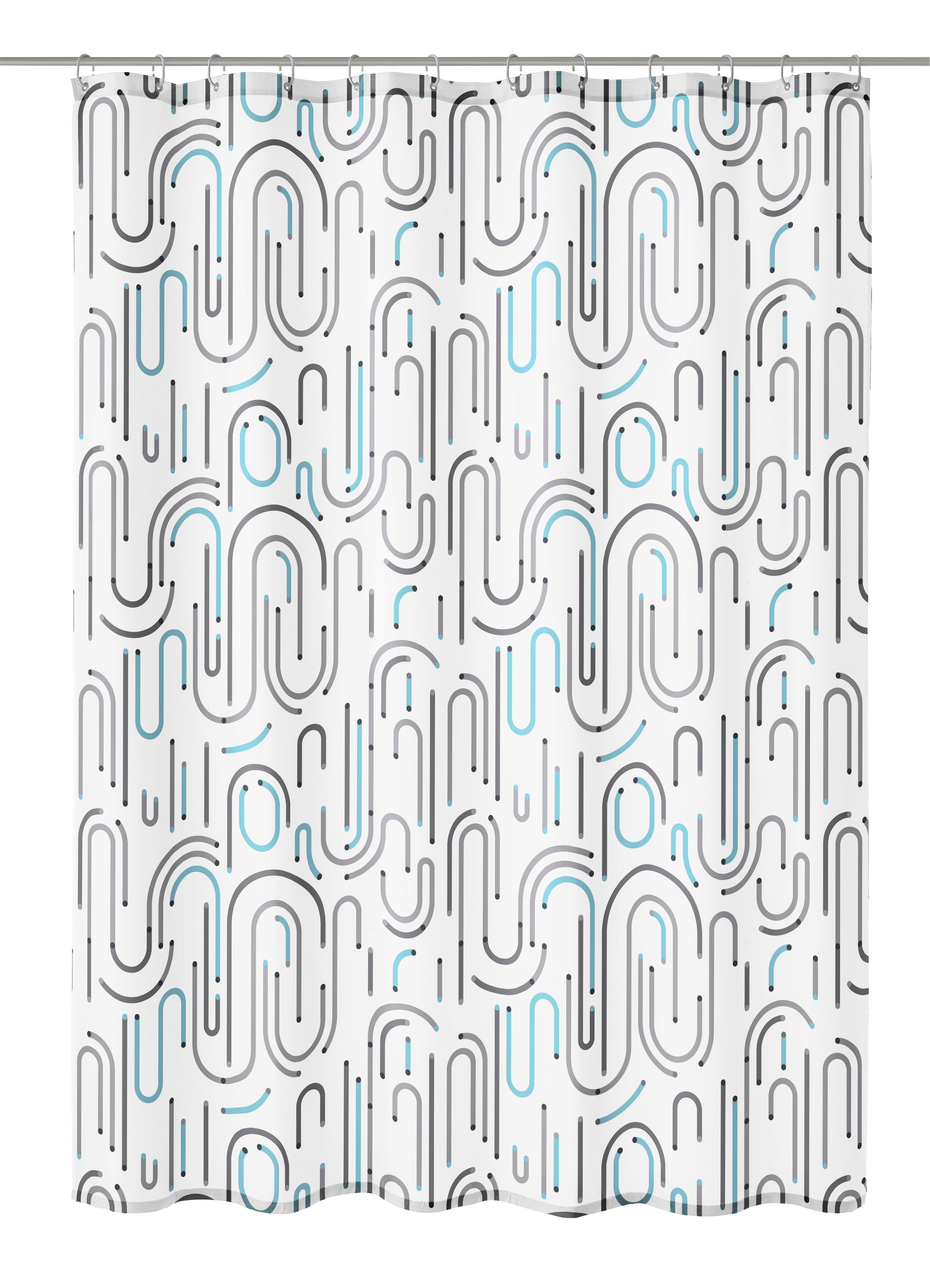 Duschvorhang Textil VISION Grau mit abstraktem grau-türkisen Muster hängt glatt ausgebreitet.