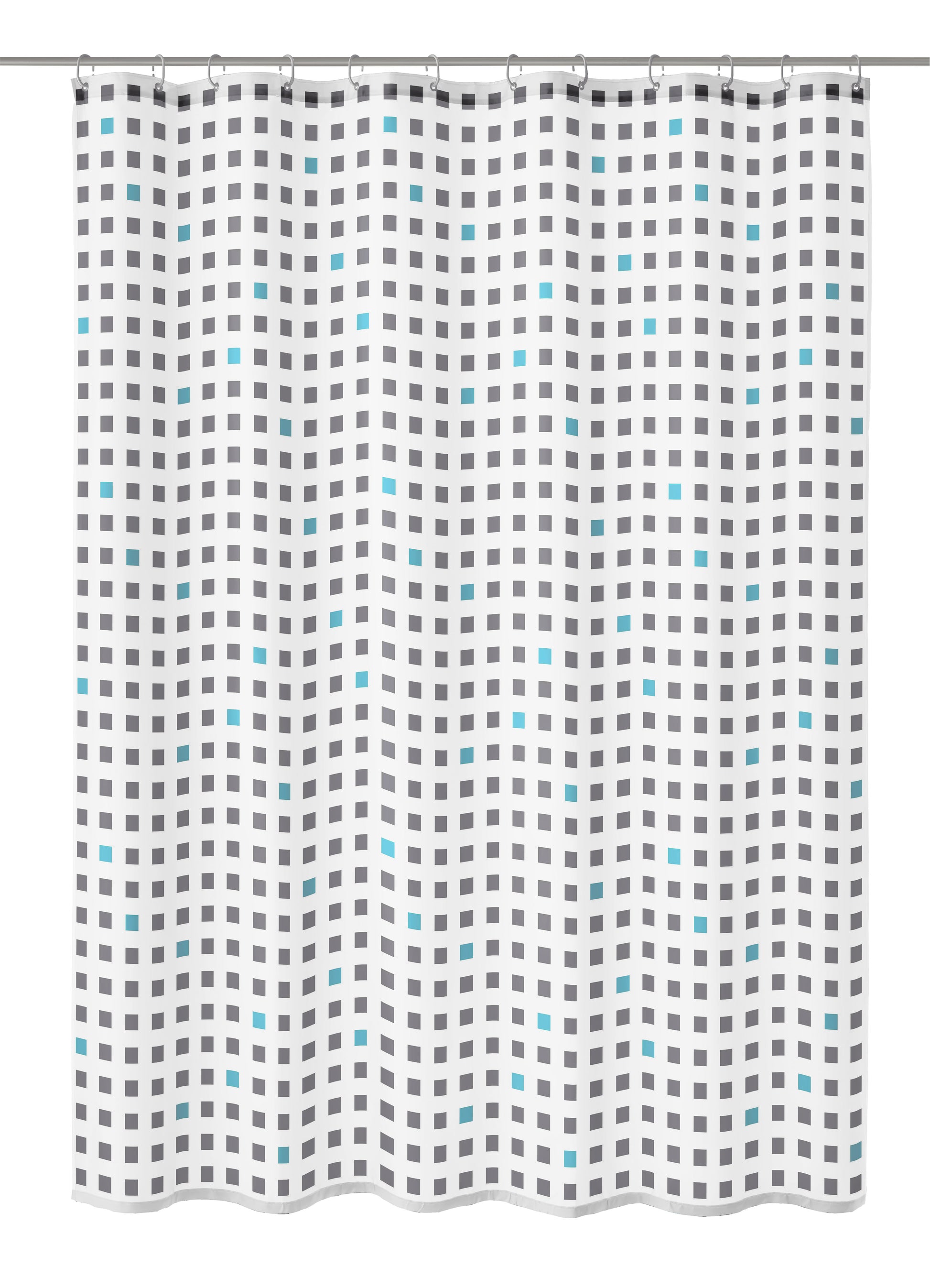 Grauer Duschvorhang Textil CASKET 180 x 200 cm mit Karomuster hängt an Duschstange.