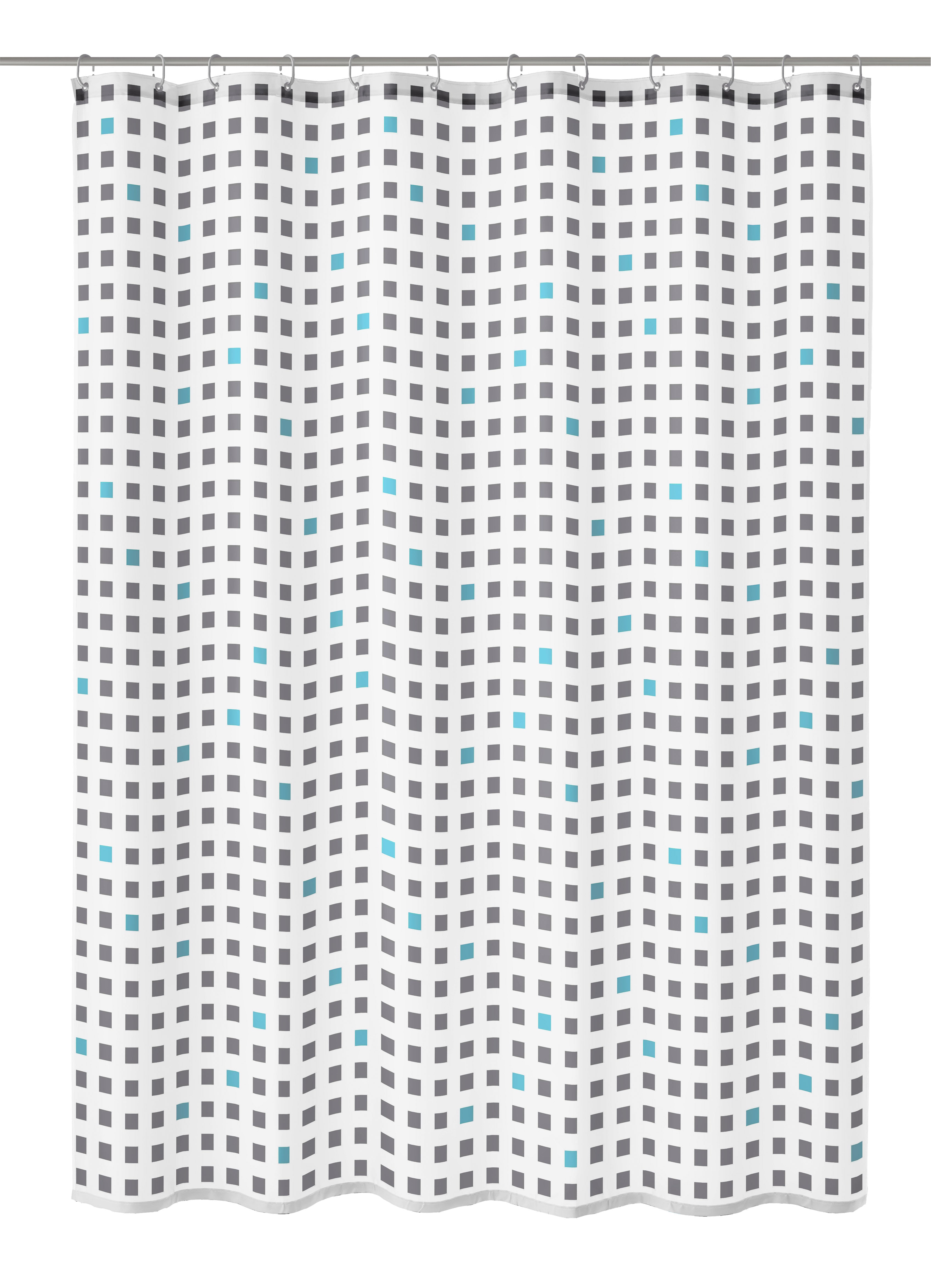 Grauer Duschvorhang Textil CASKET 180 x 200 cm mit Karomuster hängt an Duschstange.