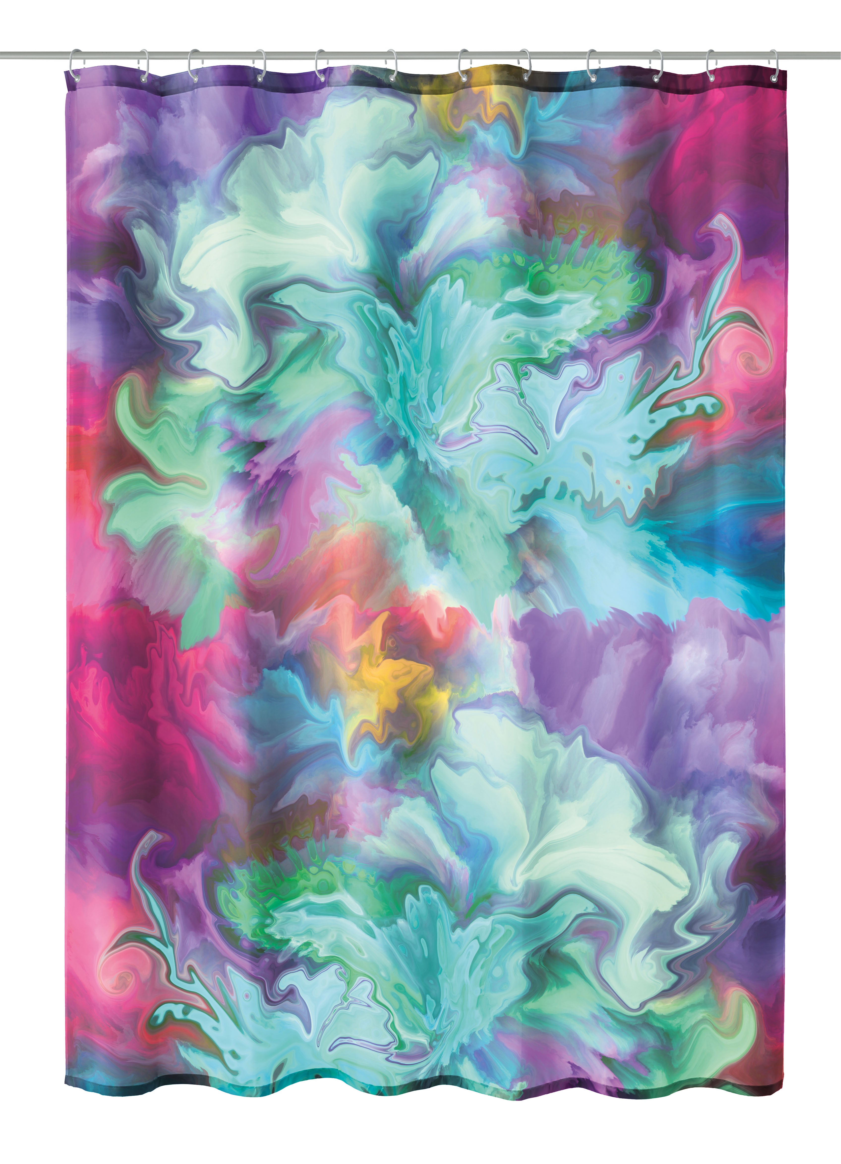 Textiler Duschvorhang FUSION 180 x 200 cm mit abstraktem, buntem Multicolor-Blumenmuster.