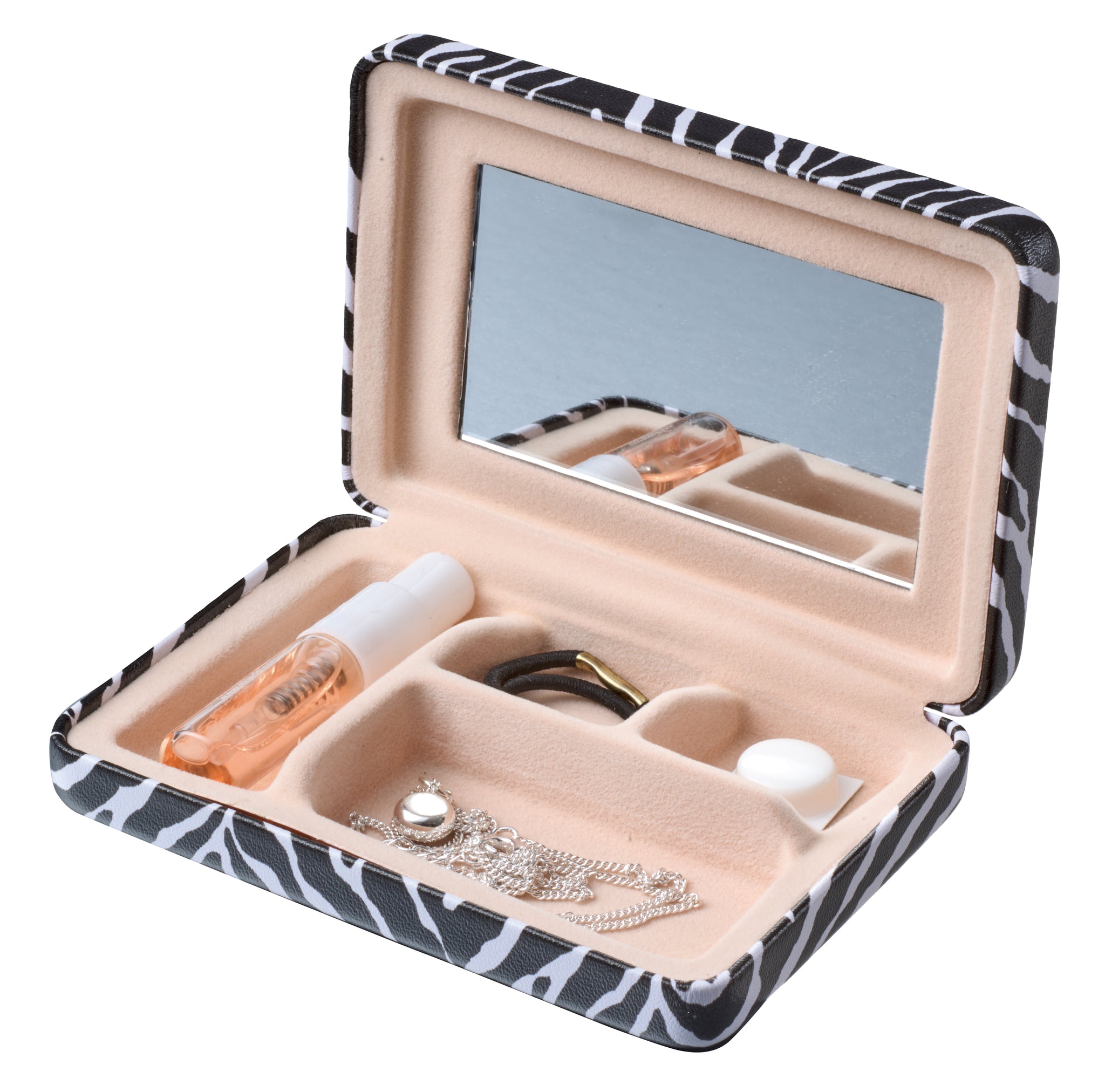 Offene Schmuckbox mit Spiegel, Ketten, Haargummi und Fläschchen innen