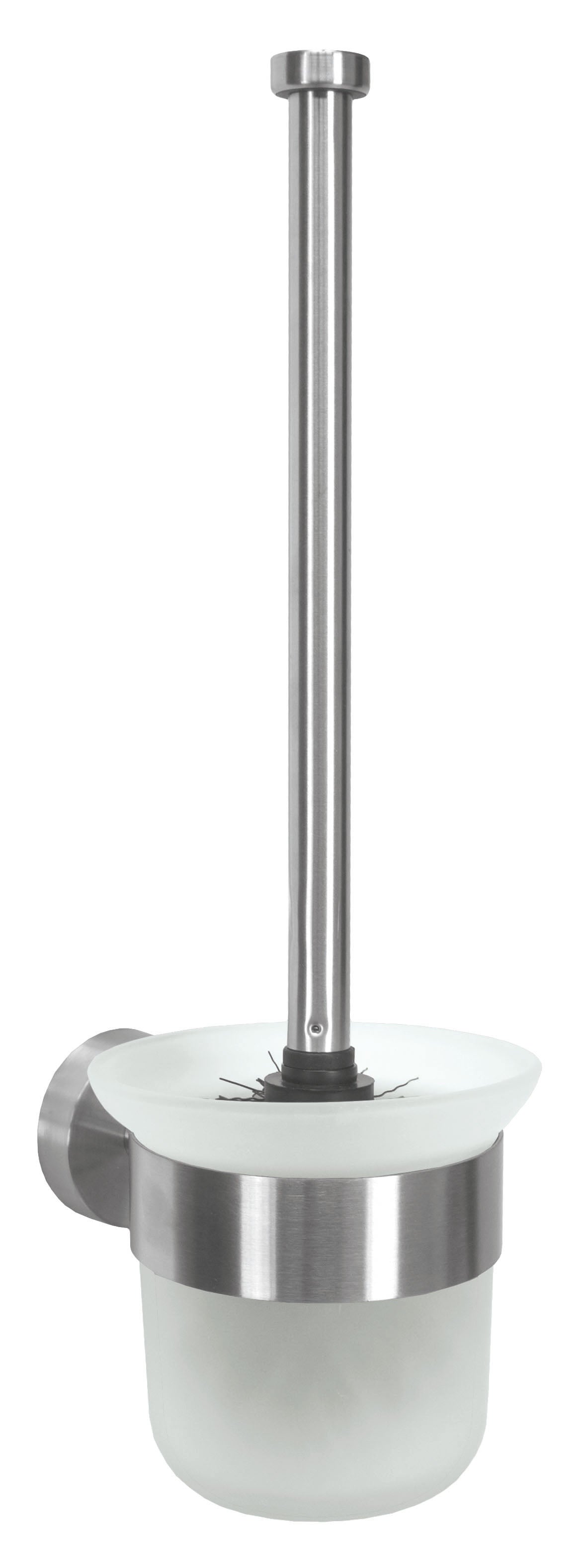 Wand-WC-Bürstenhalter ALLEGRA Milky aus Edelstahl mit satiniertem Glasbecher ist frontal zu sehen.