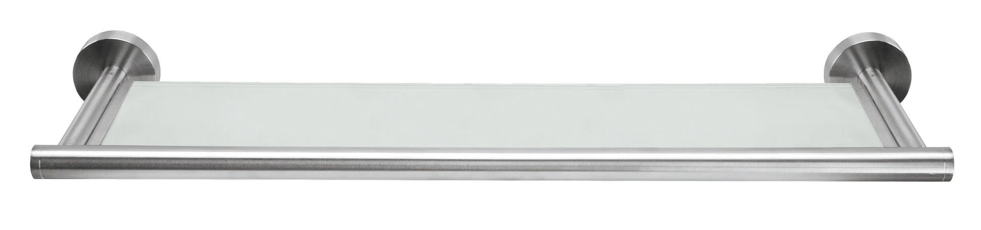 Glasablage ALLEGRA Milky mit satiniertem Glas und Halterungen aus Edelstahl frontal abgebildet.