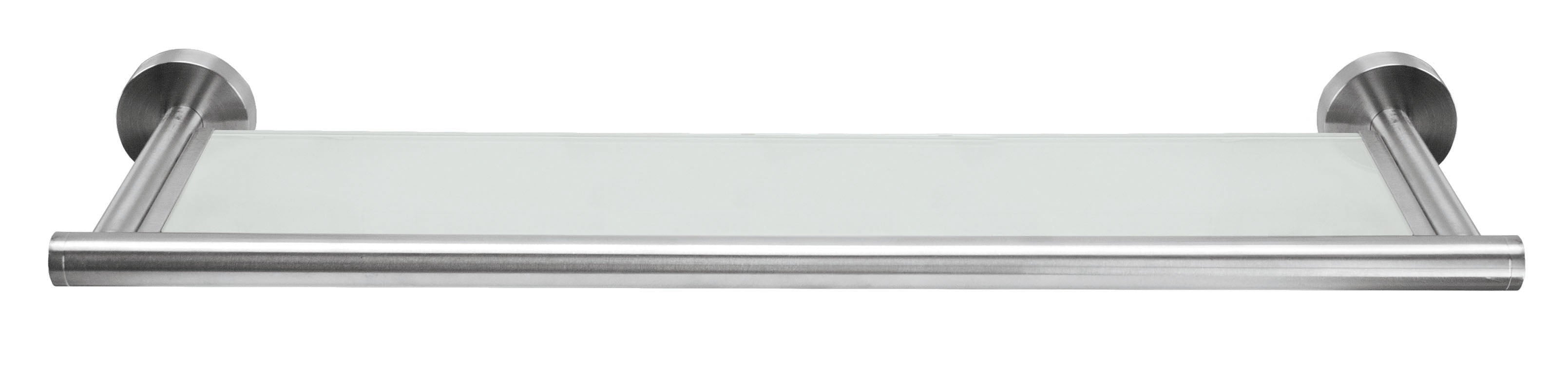 Glasablage ALLEGRA Milky mit satiniertem Glas und Halterungen aus Edelstahl frontal abgebildet.